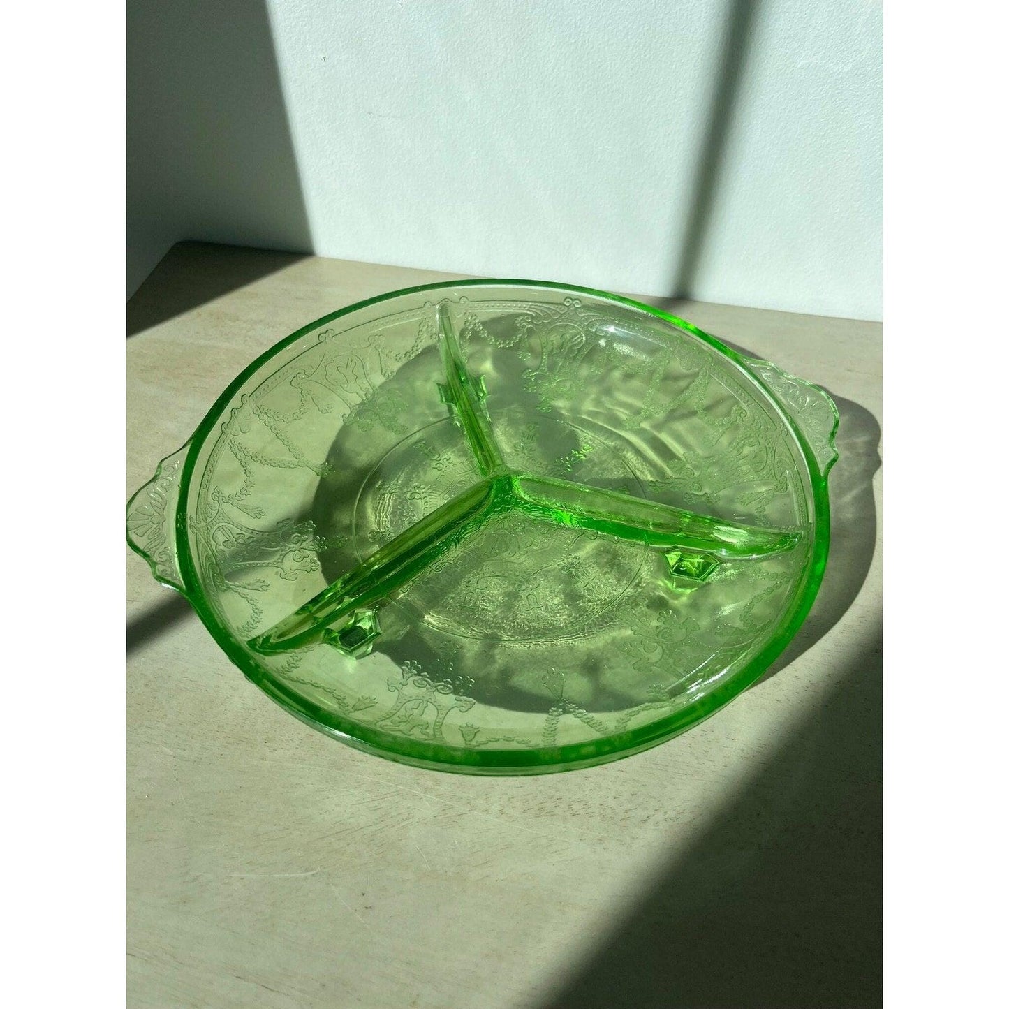 1930s Anchor Hocking vaseline (uranium) glass relish dish