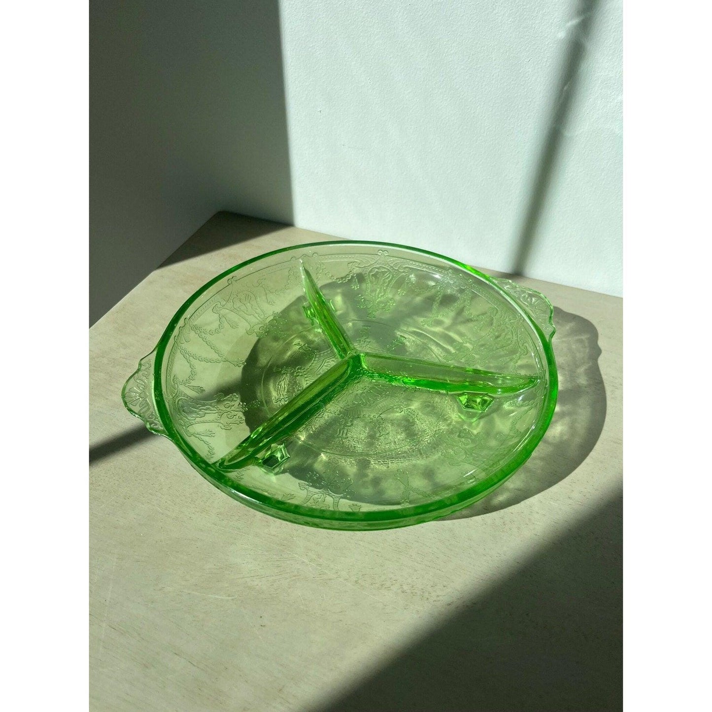 1930s Anchor Hocking vaseline (uranium) glass relish dish