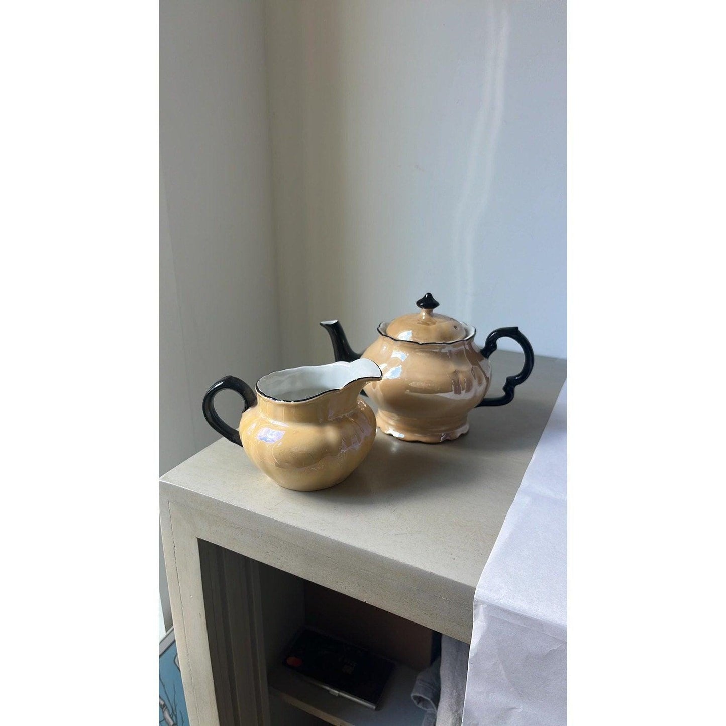 Vintage Bavarian Tan Lusterware Tea Pot & Creamer