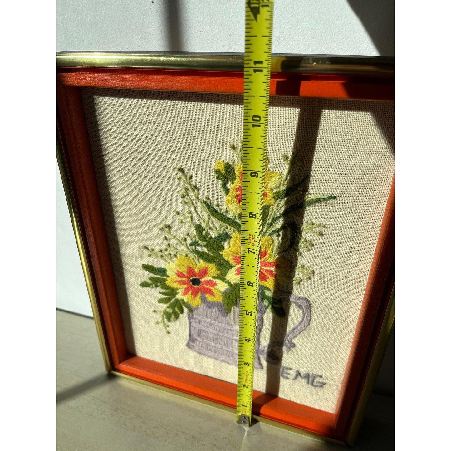 Vintage floral needlepoint fiber art, framed