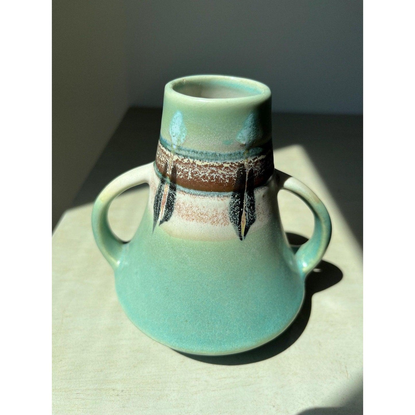 Mid-century 1950s two-handled Vase Made in Japan, Roseville "Monticello" Pattern