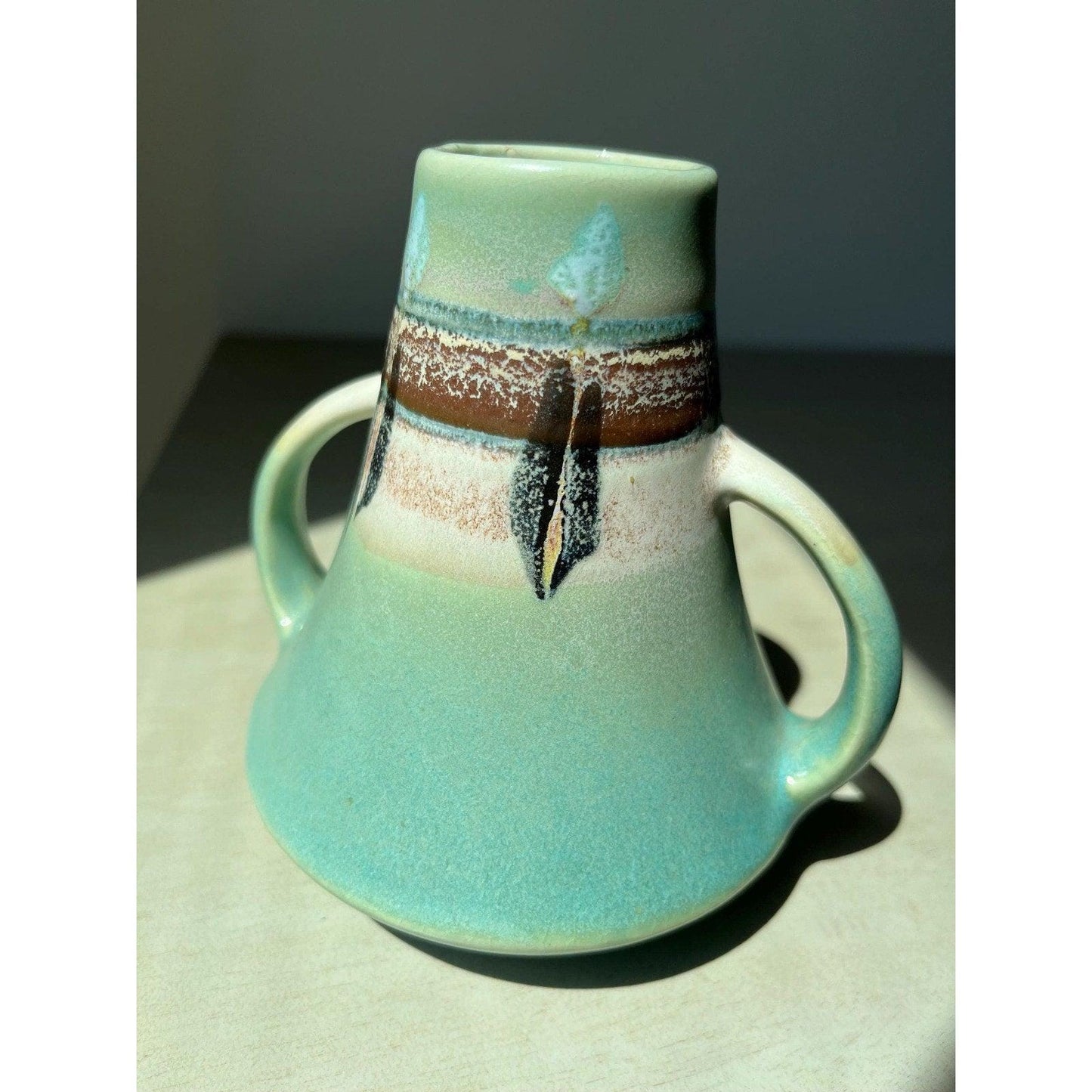 Mid-century 1950s two-handled Vase Made in Japan, Roseville "Monticello" Pattern