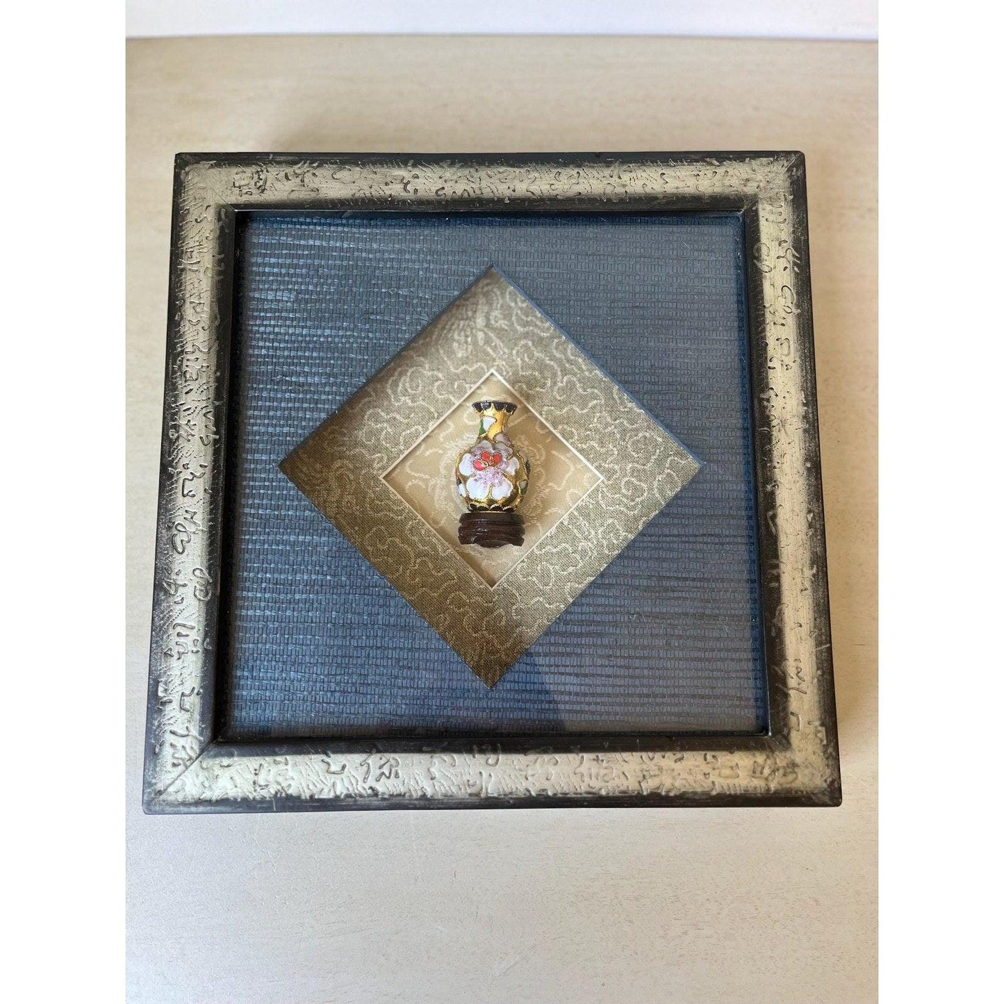 Vintage framed mini Cloisonne Enamel Chinese Vase in Shadow Box