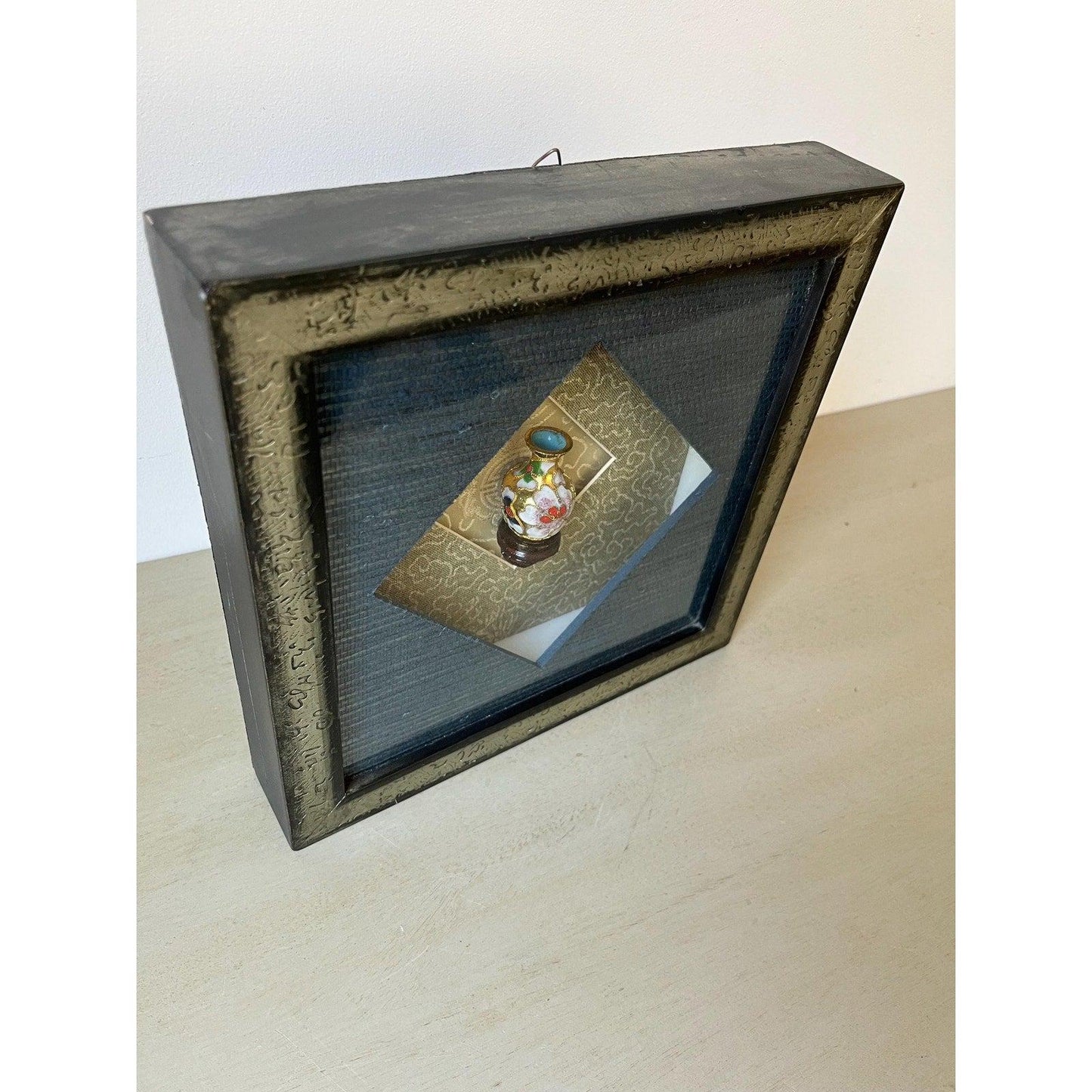 Vintage framed mini Cloisonne Enamel Chinese Vase in Shadow Box