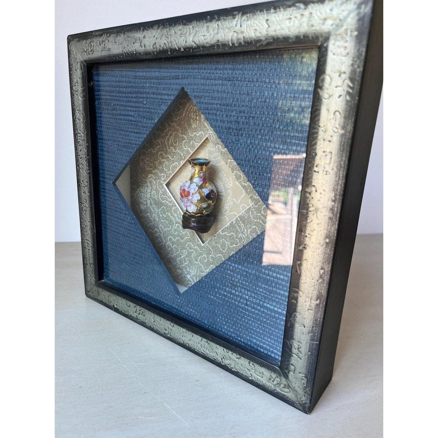 Vintage framed mini Cloisonne Enamel Chinese Vase in Shadow Box