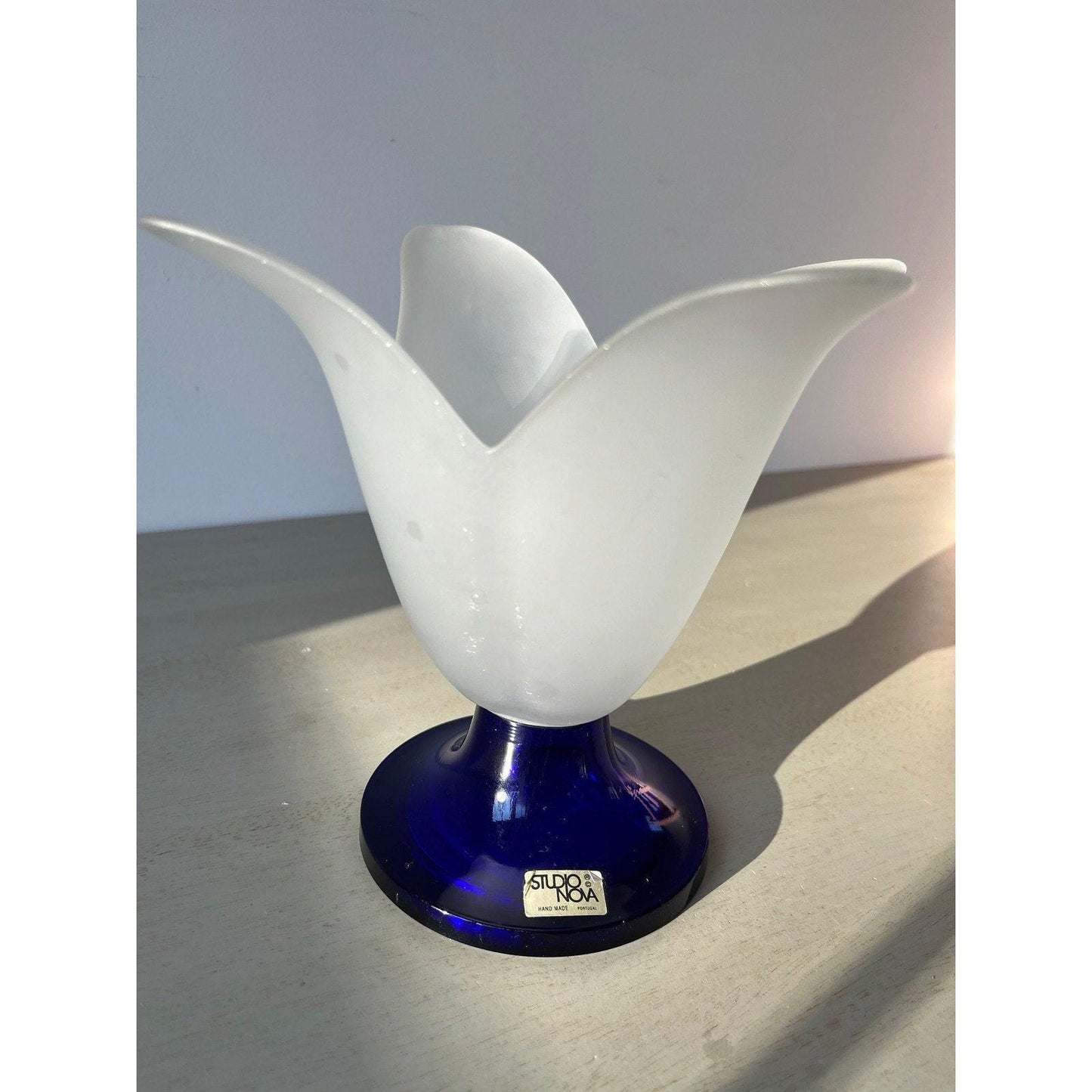 Vintage Studio Nova, cobalt blue and white frosted glass lily vase