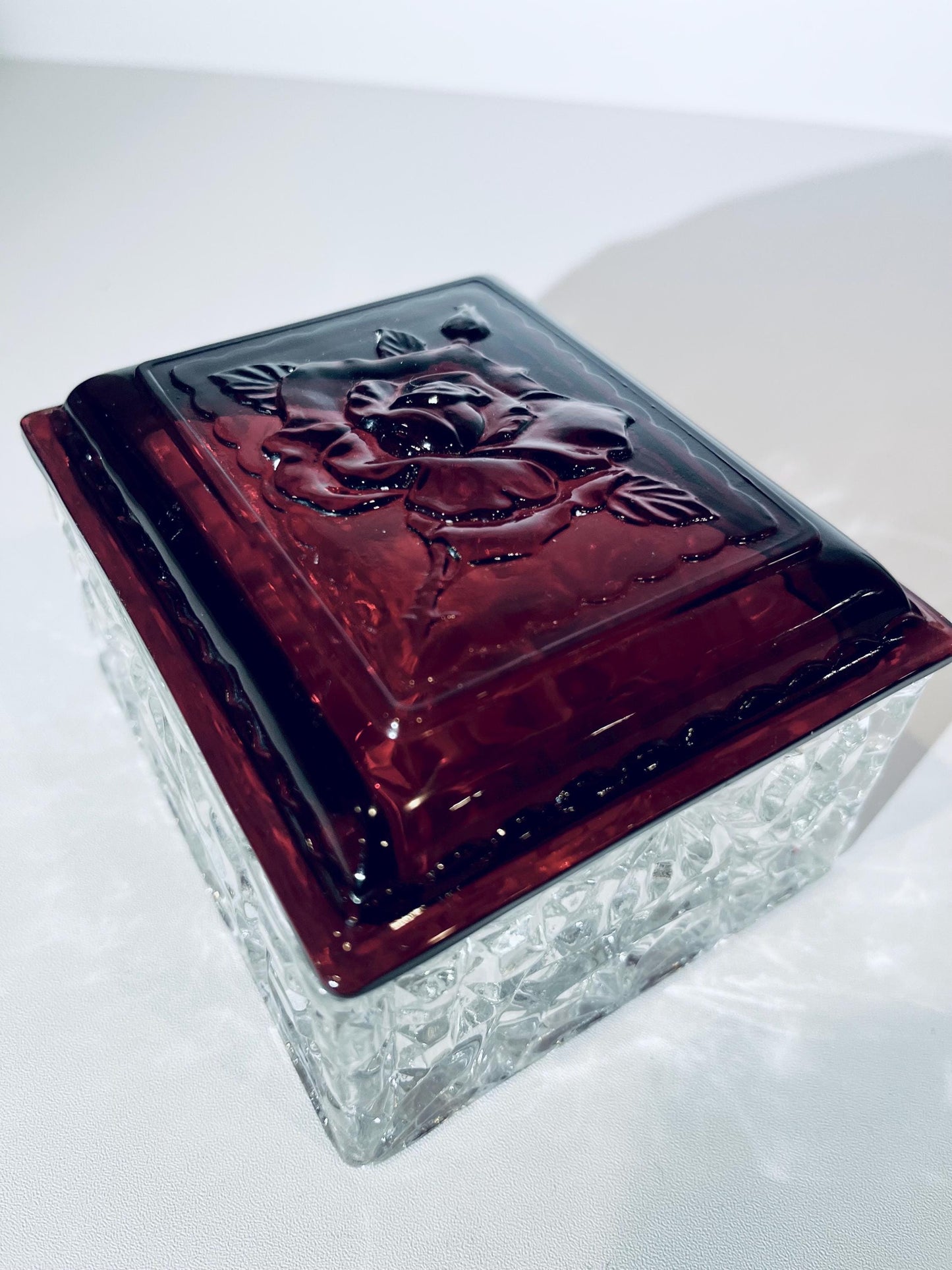 Vintage Crystal Glass Box with Ruby Red Lid