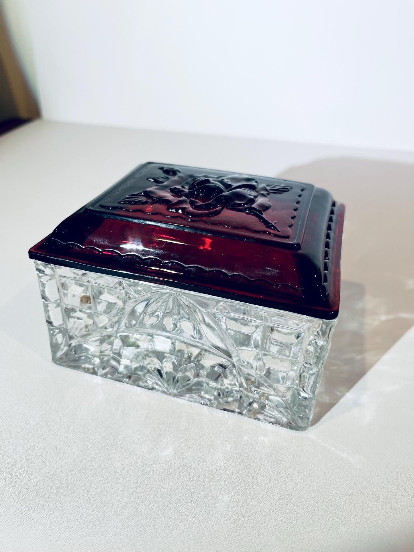 Vintage Crystal Glass Box with Ruby Red Lid