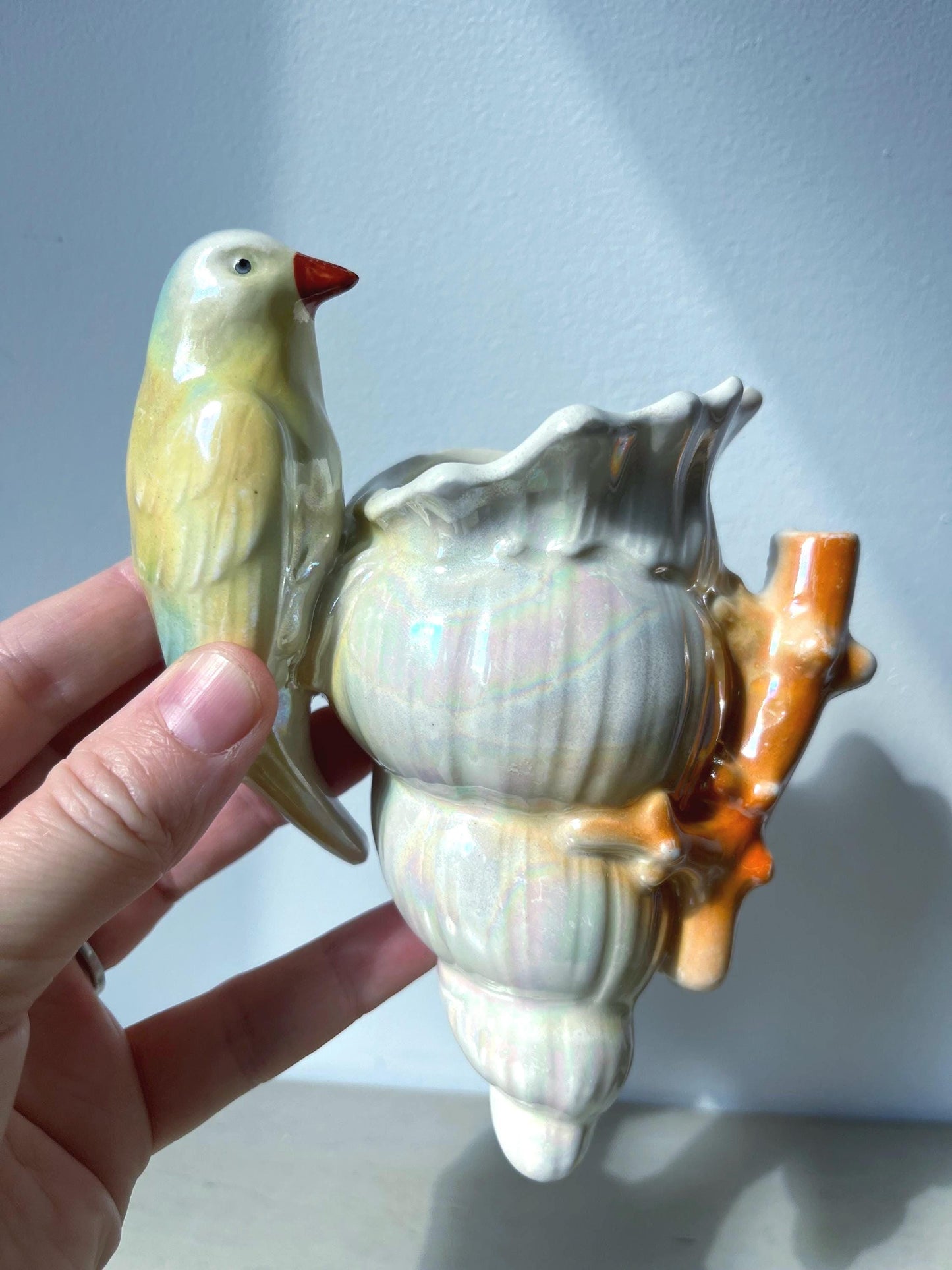 Rare Vintage Pearl Iridescent Luster Glazed Bird on a Shell Wall-Pocket Czechoslovakia