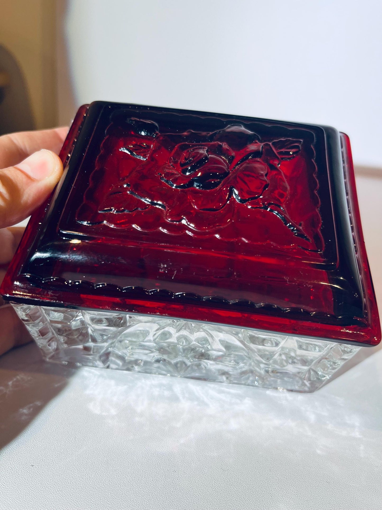 Vintage Crystal Glass Box with Ruby Red Lid