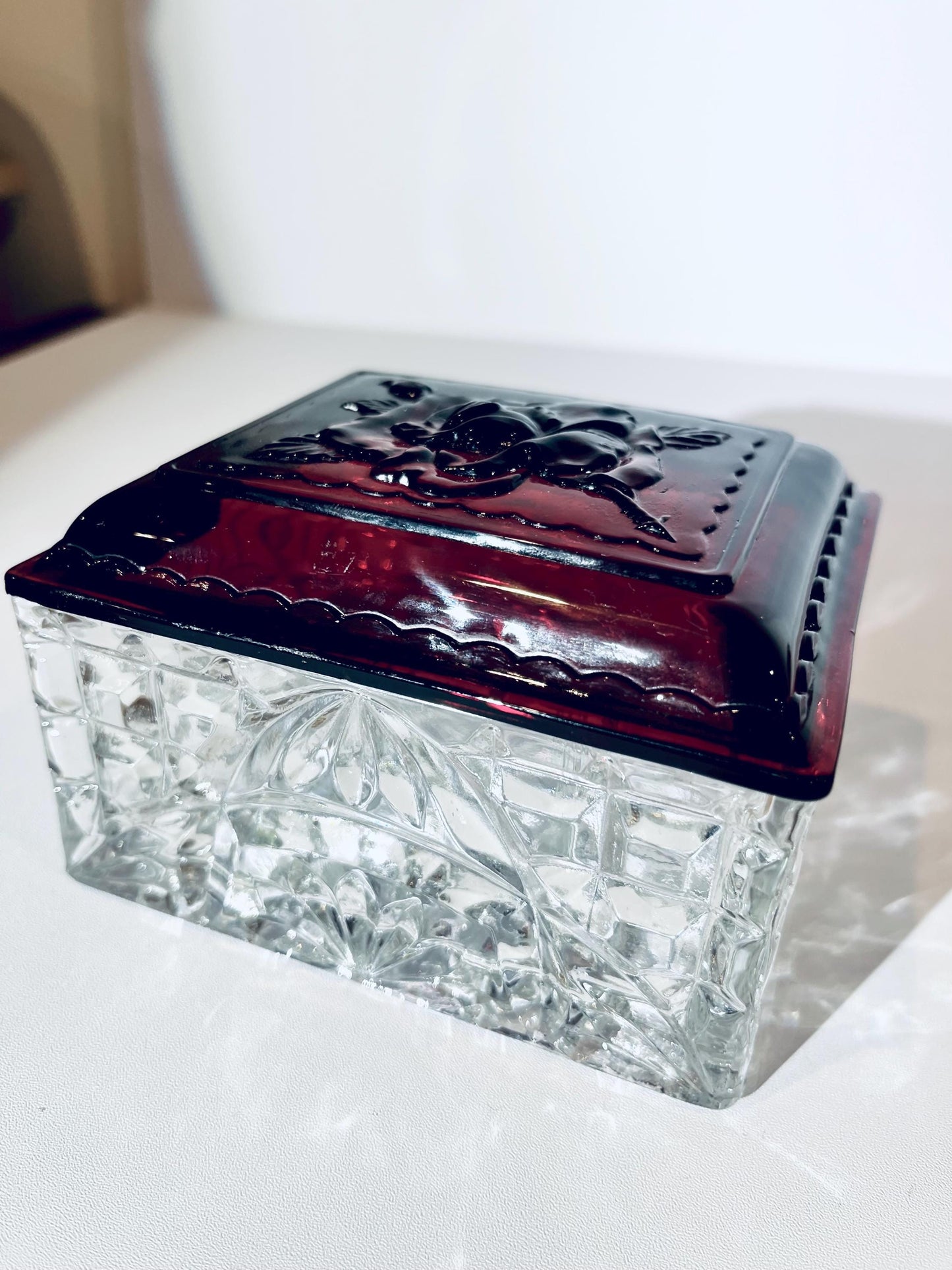 Vintage Crystal Glass Box with Ruby Red Lid