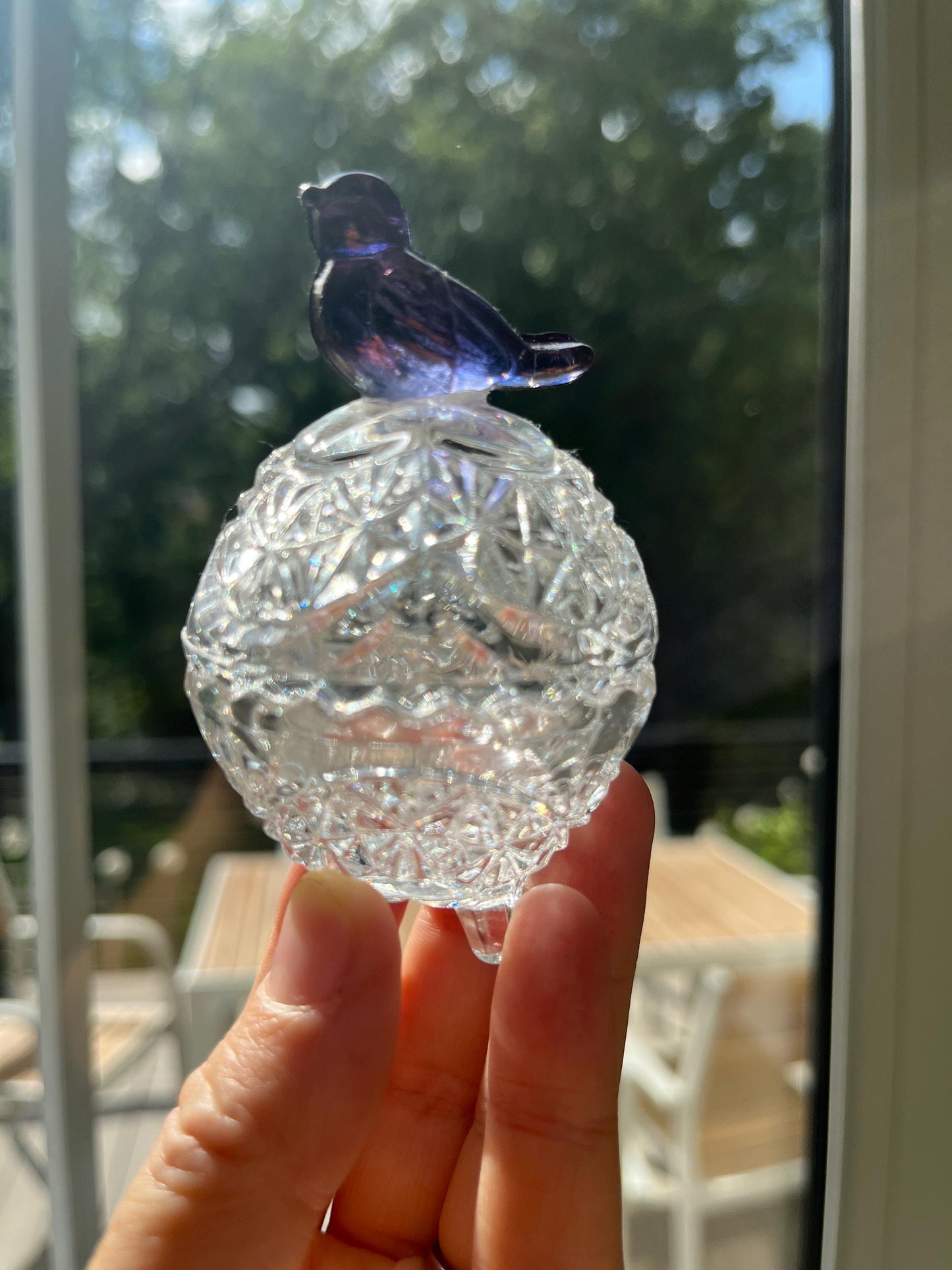 Vintagw Hofbauer Byrdes Lead Cut Crystal Bird Lided Round Dish Purple