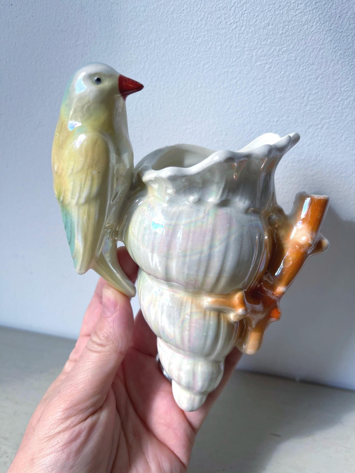 Rare Vintage Pearl Iridescent Luster Glazed Bird on a Shell Wall-Pocket Czechoslovakia
