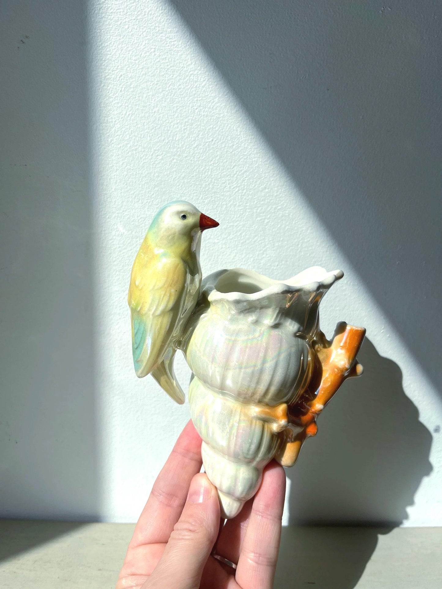 Rare Vintage Pearl Iridescent Luster Glazed Bird on a Shell Wall-Pocket Czechoslovakia