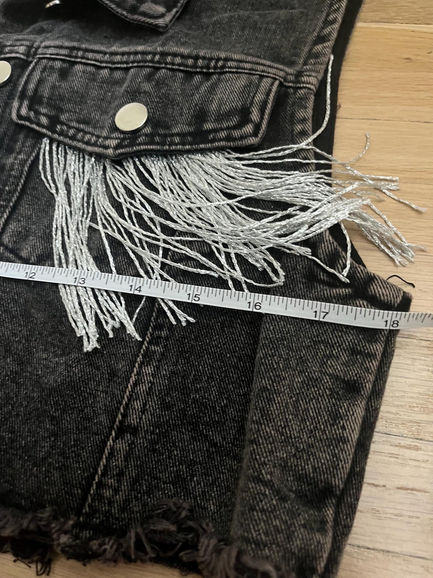 Crop Black Dark Gray Denim Fringe Vest