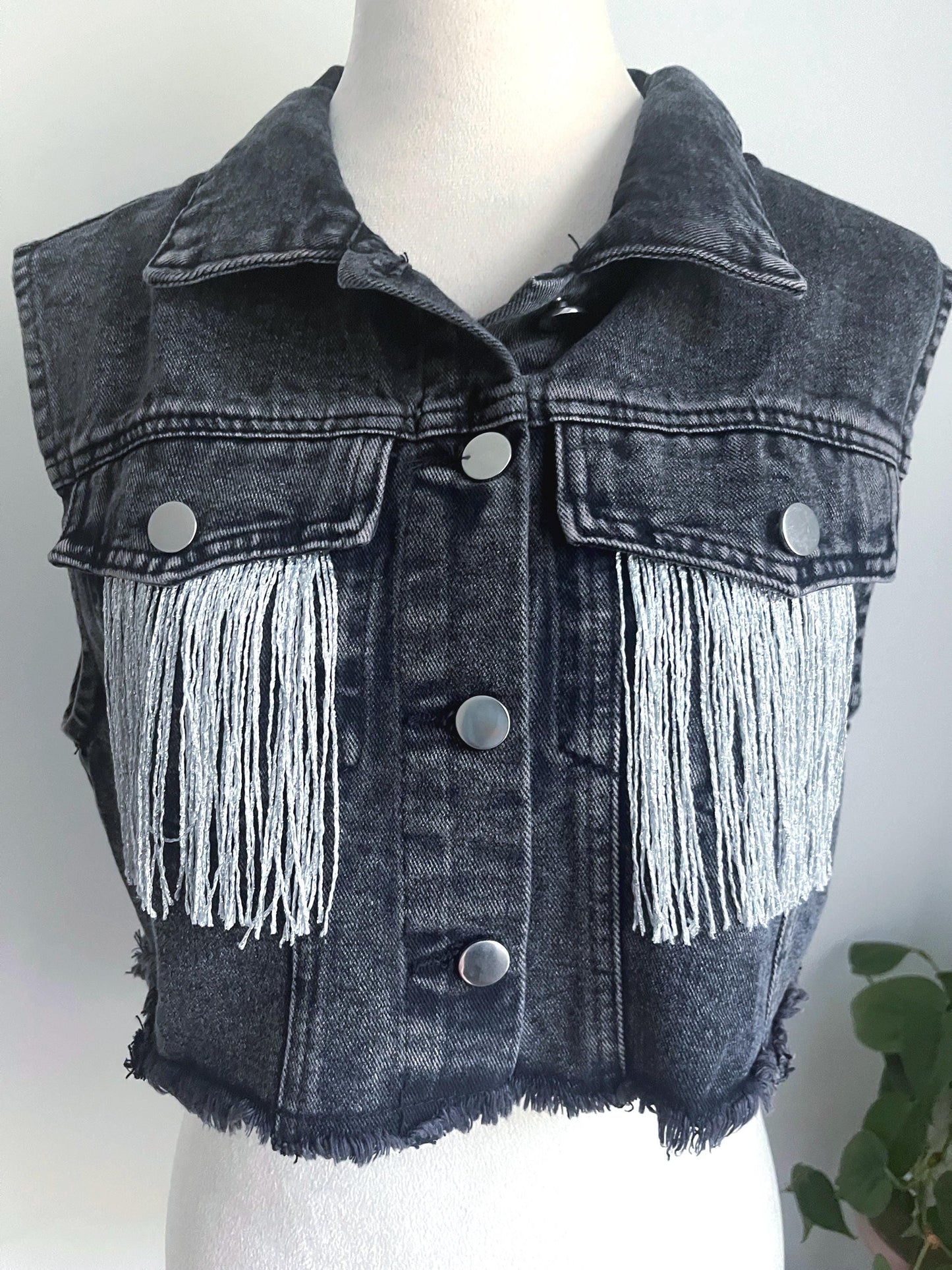 Crop Black Dark Gray Denim Fringe Vest