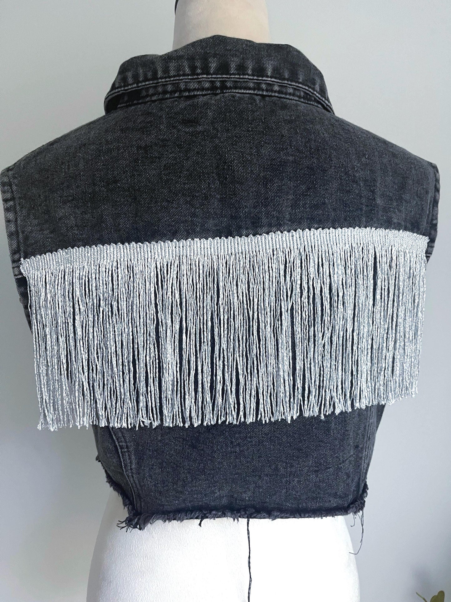Crop Black Dark Gray Denim Fringe Vest