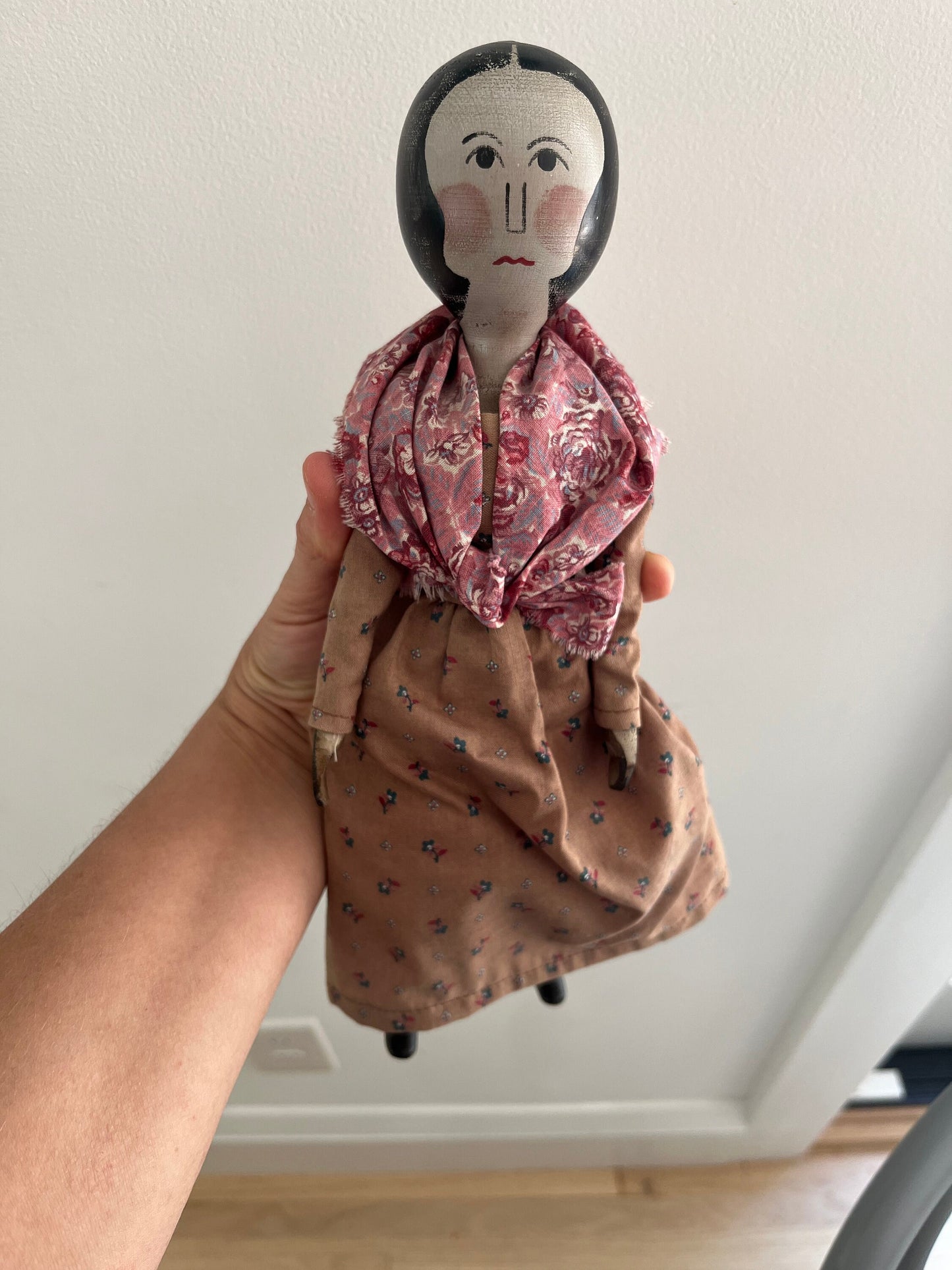 Antique Wooden Peg Doll In Beautiful Outfit
