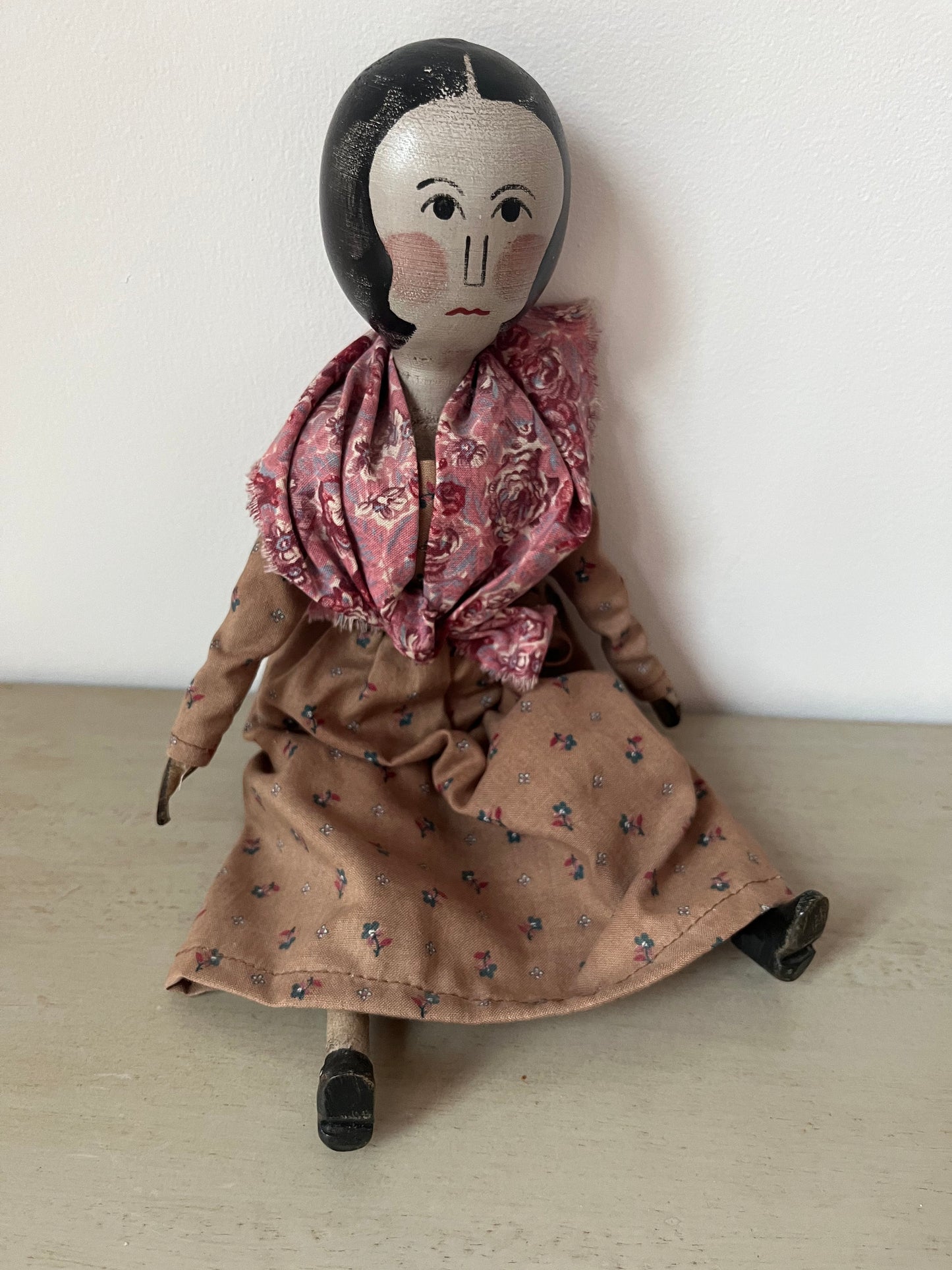 Antique Wooden Peg Doll In Beautiful Outfit