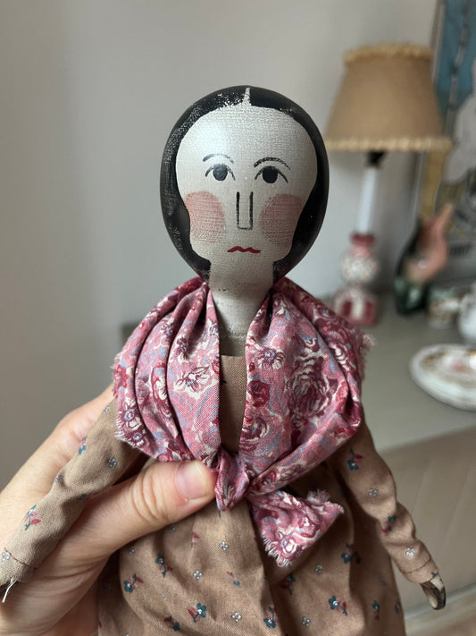 Antique Wooden Peg Doll In Beautiful Outfit