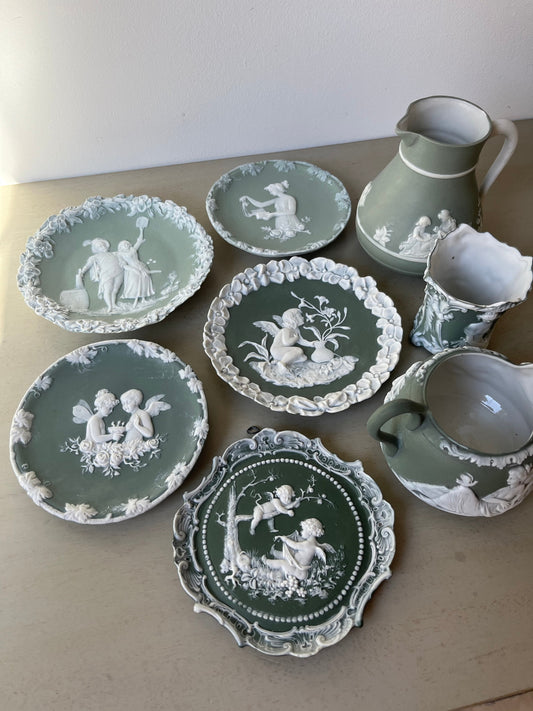 1800s Victorian Antique Schafer & Vater mint green Jasperware collection