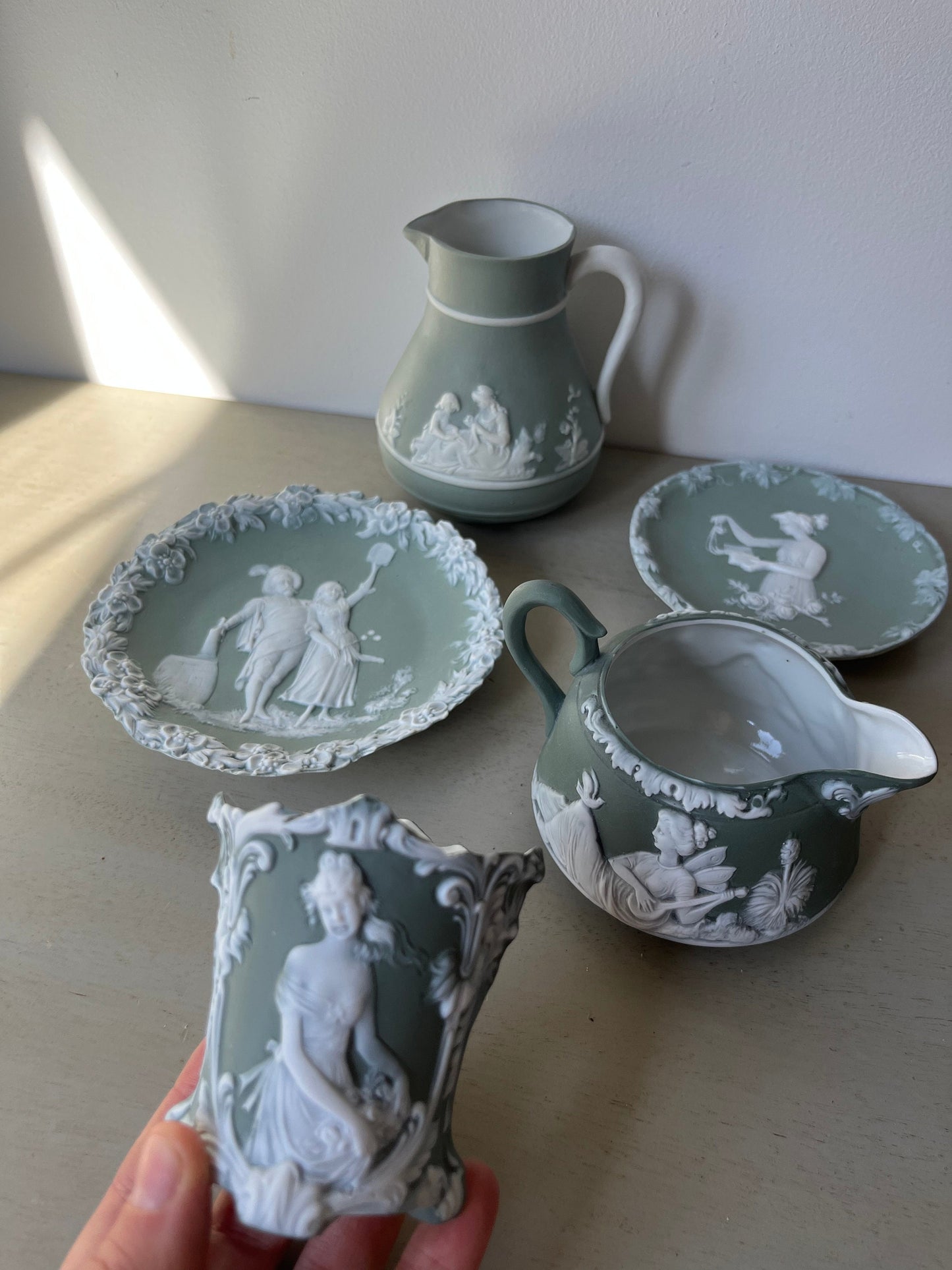 1800s Victorian Antique Schafer & Vater mint green Jasperware collection
