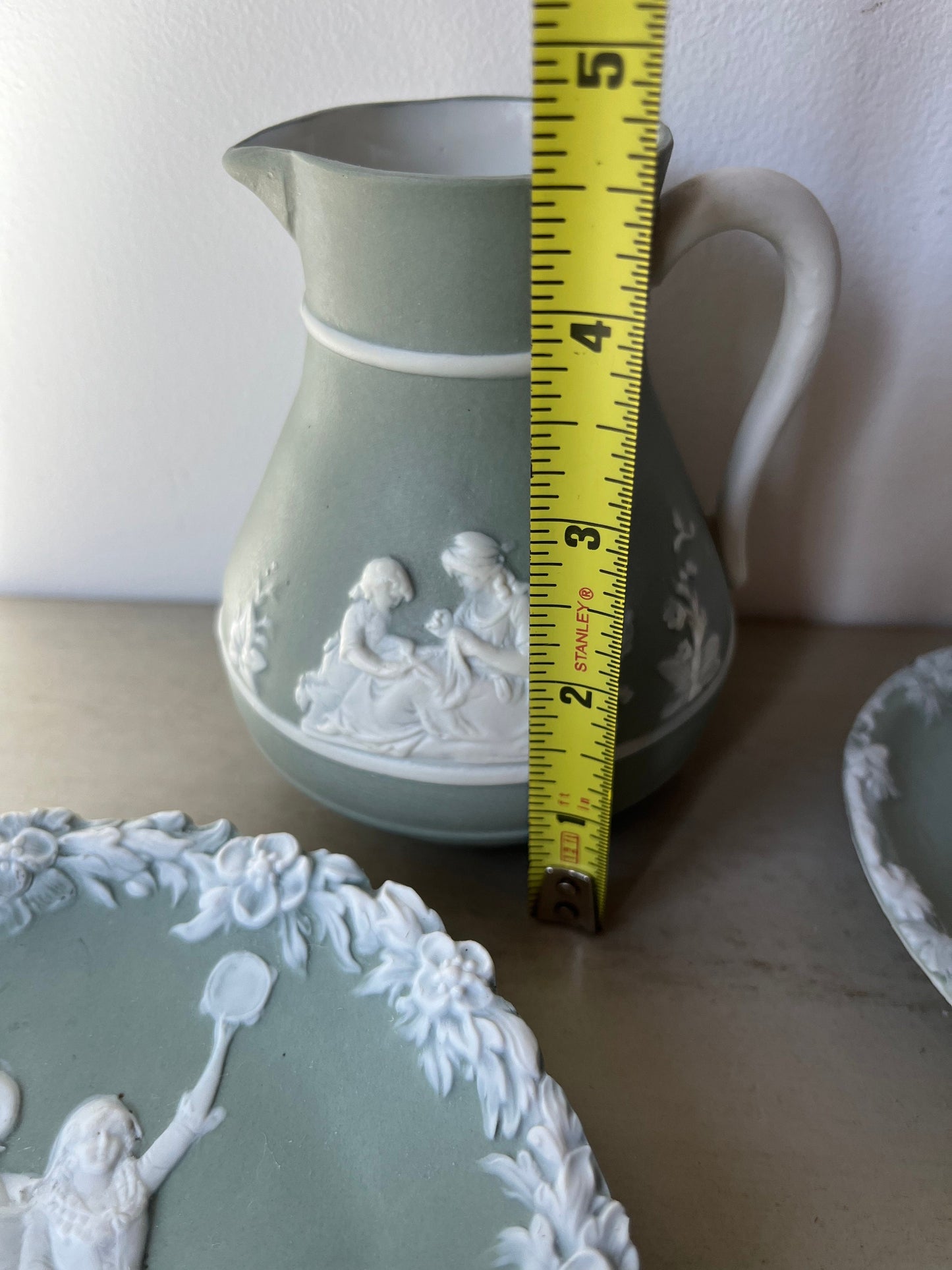 1800s Victorian Antique Schafer & Vater mint green Jasperware collection