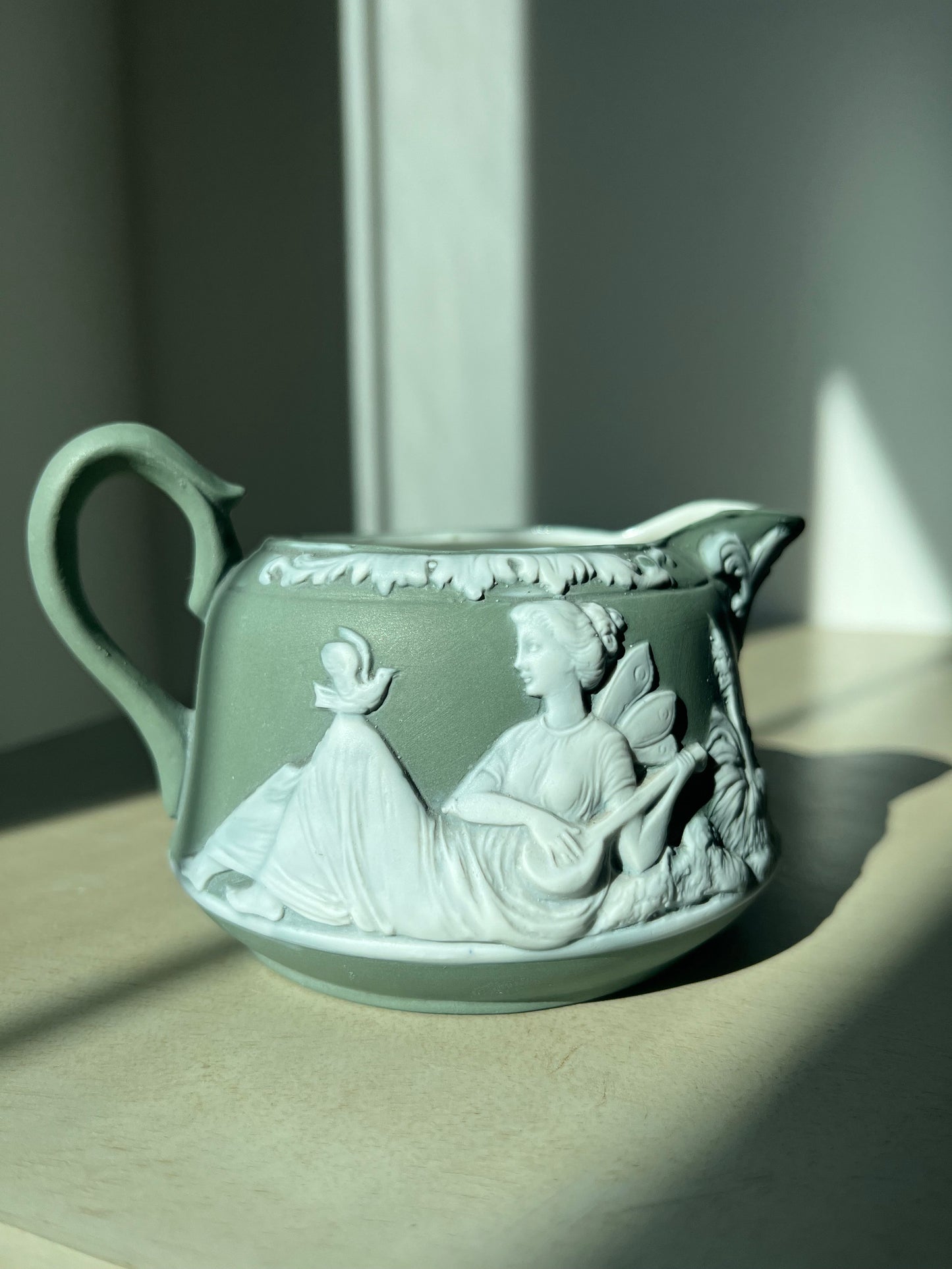 1800s Victorian Antique Schafer & Vater mint green Jasperware collection