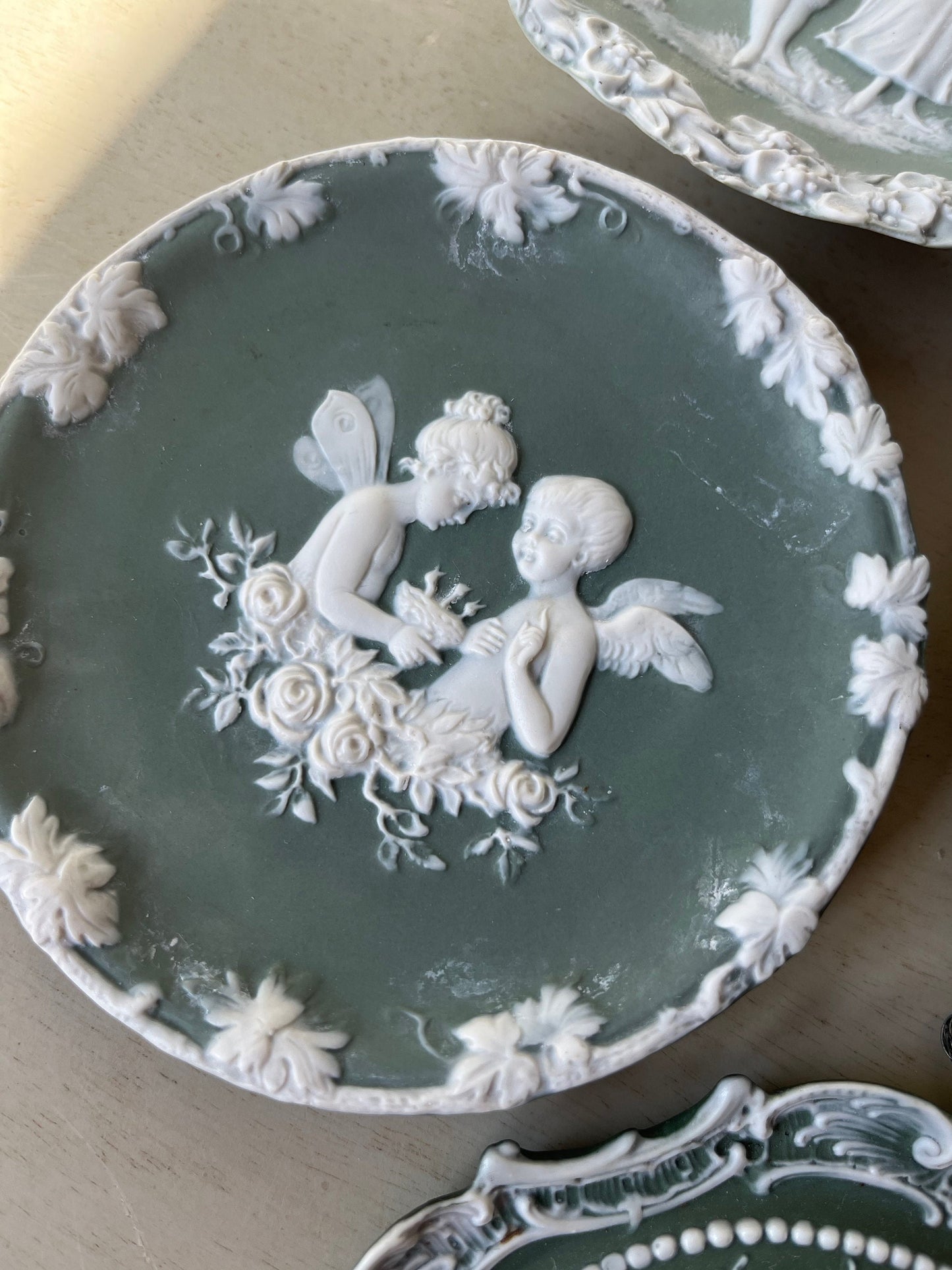 1800s Victorian Antique Schafer & Vater mint green Jasperware collection