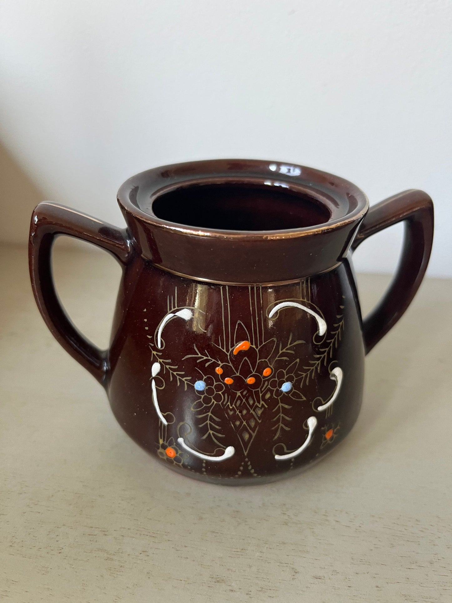 Vintage hand painted redware Japanese 2-piece set
