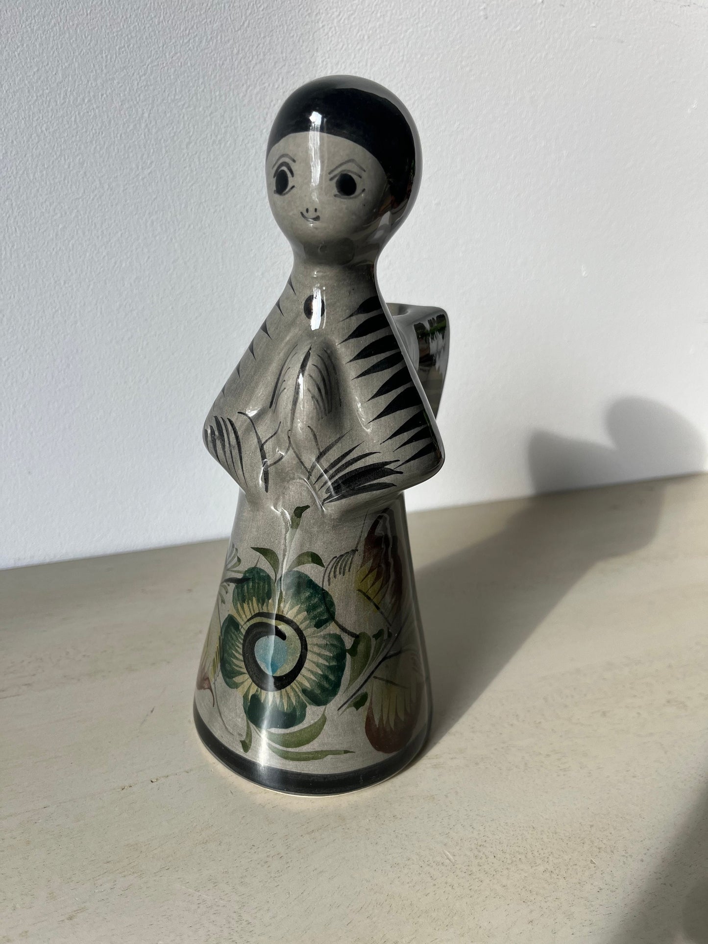 Adorable vintage folk art votive pottery angel candle holder Tonala Mexico