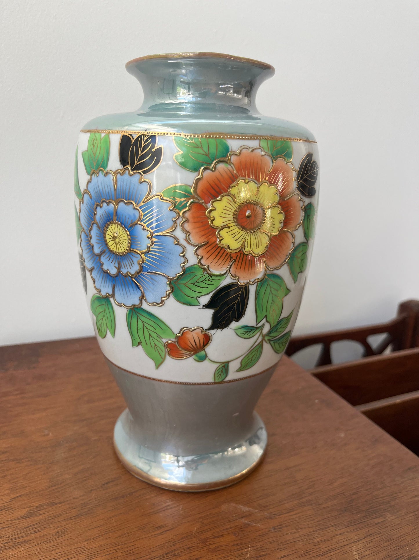 Vintage luster ware handpainted floral vase, Made in Japan