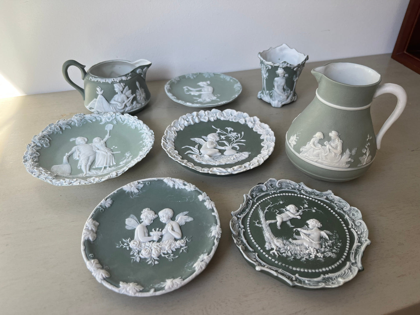 1800s Victorian Antique Schafer & Vater mint green Jasperware collection