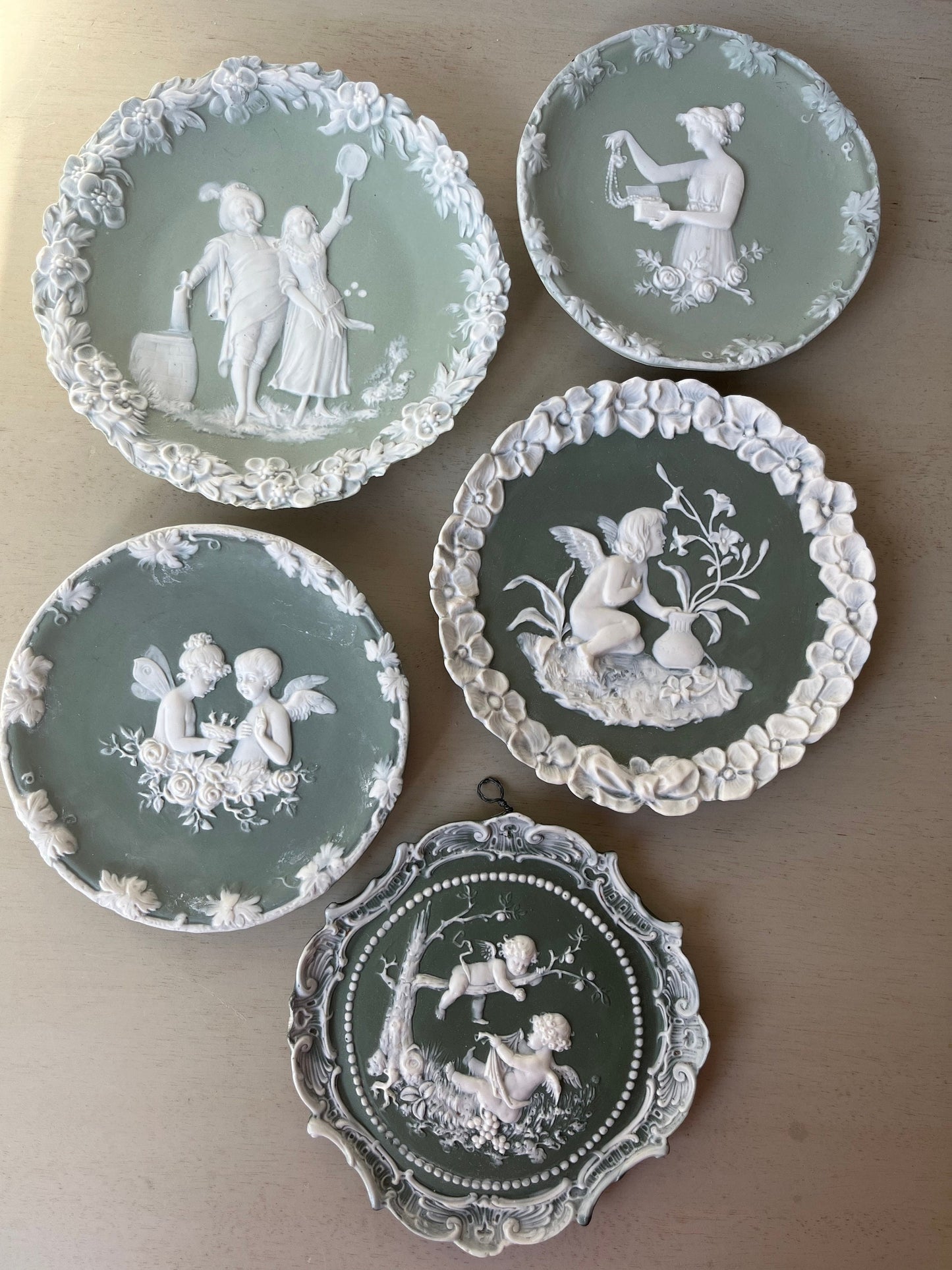 1800s Victorian Antique Schafer & Vater mint green Jasperware collection