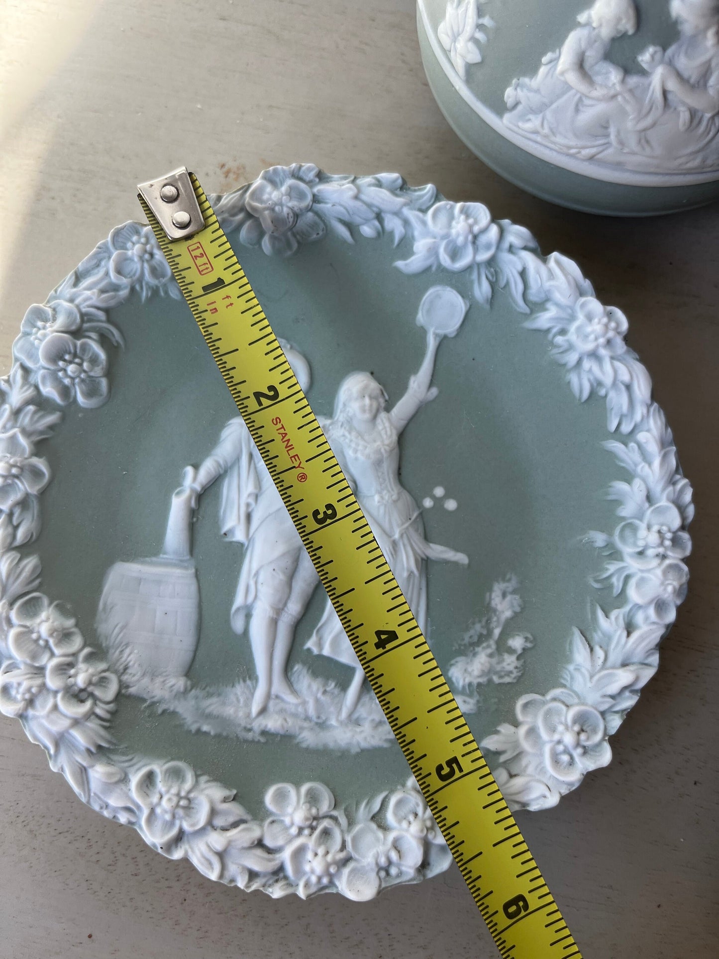 1800s Victorian Antique Schafer & Vater mint green Jasperware collection