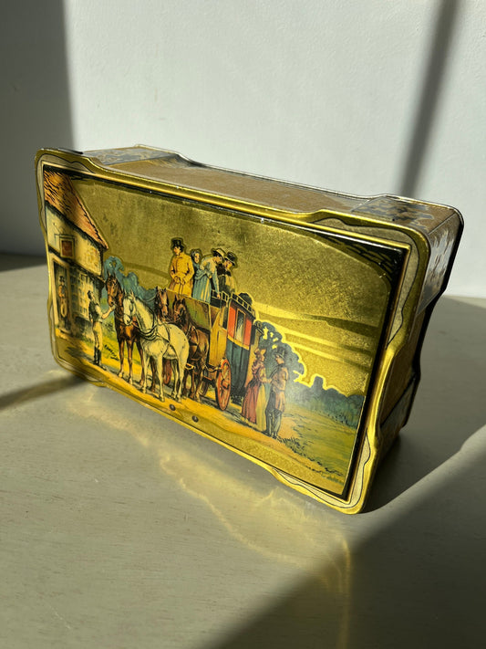 Vintage English biscuits tin with a coaching scene