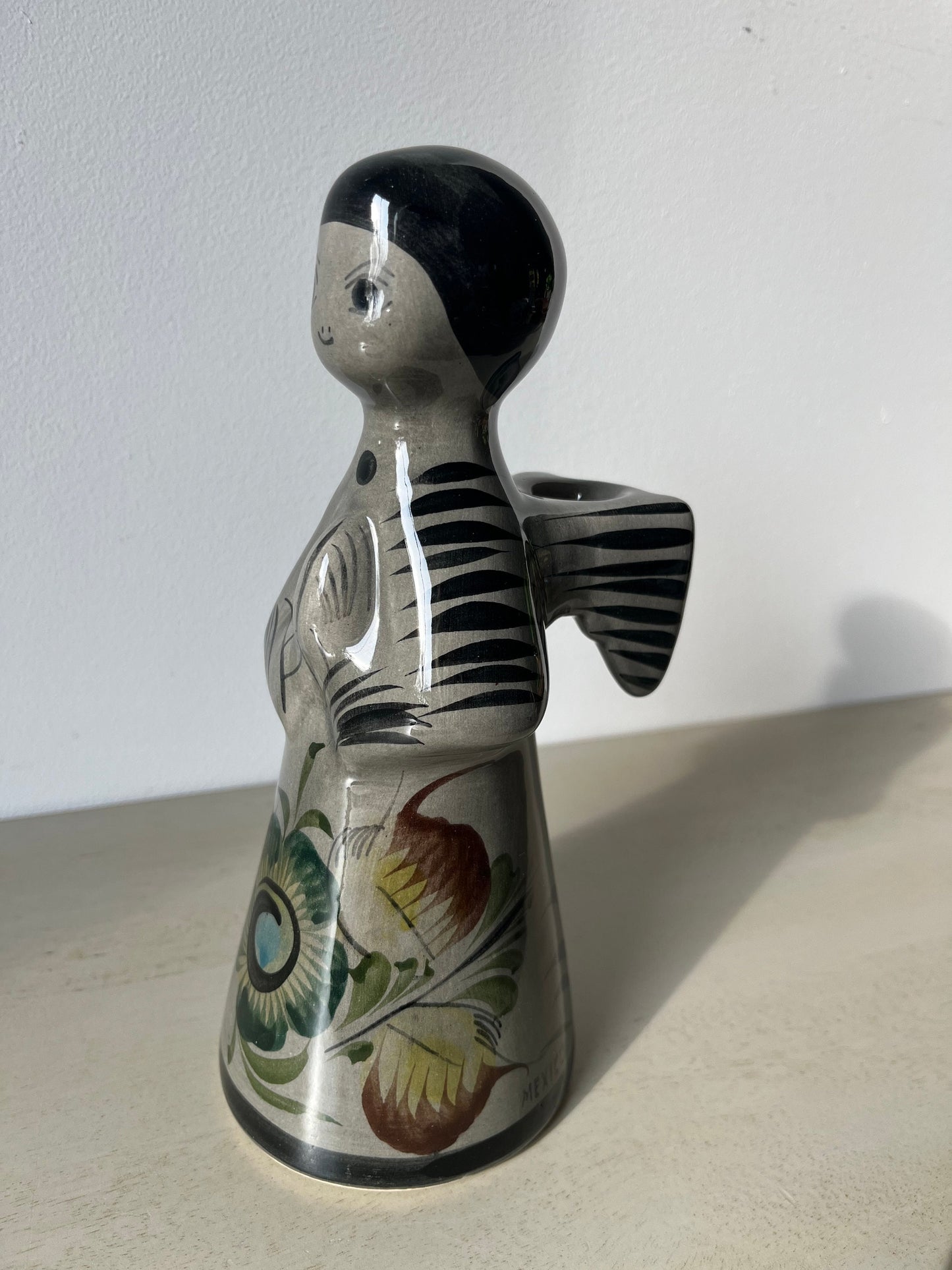 Adorable vintage folk art votive pottery angel candle holder Tonala Mexico