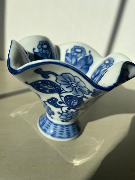 Vintage Chinese ruffled porcelain blue and white floral vase or bowl or candy dish