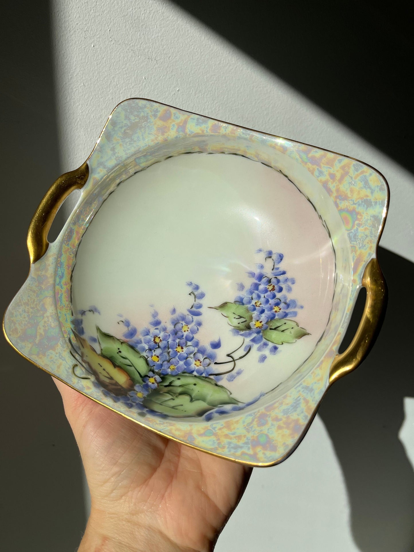 Antique porcelain hand painted dish with gold painted handles