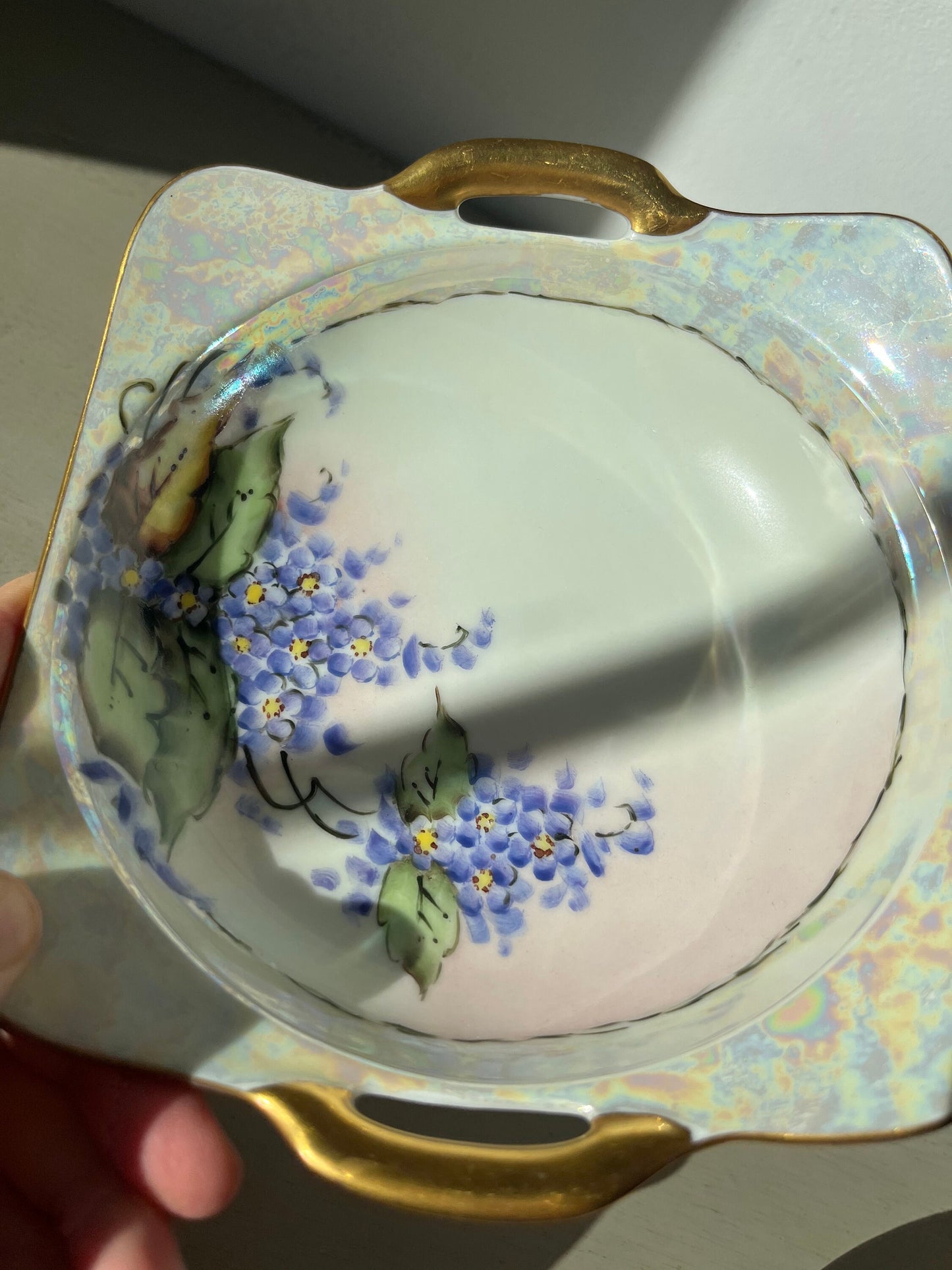 Antique porcelain hand painted dish with gold painted handles