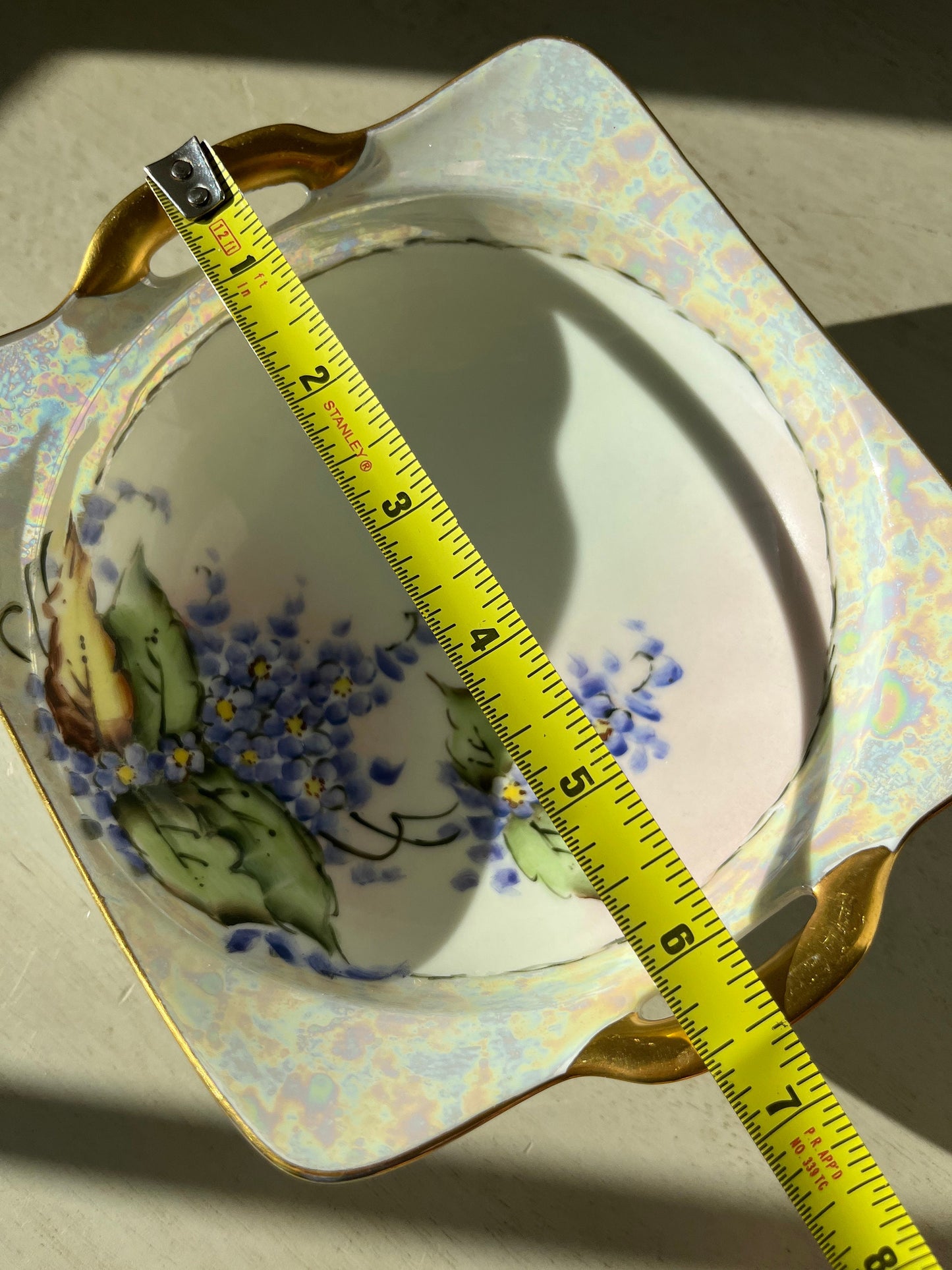 Antique porcelain hand painted dish with gold painted handles