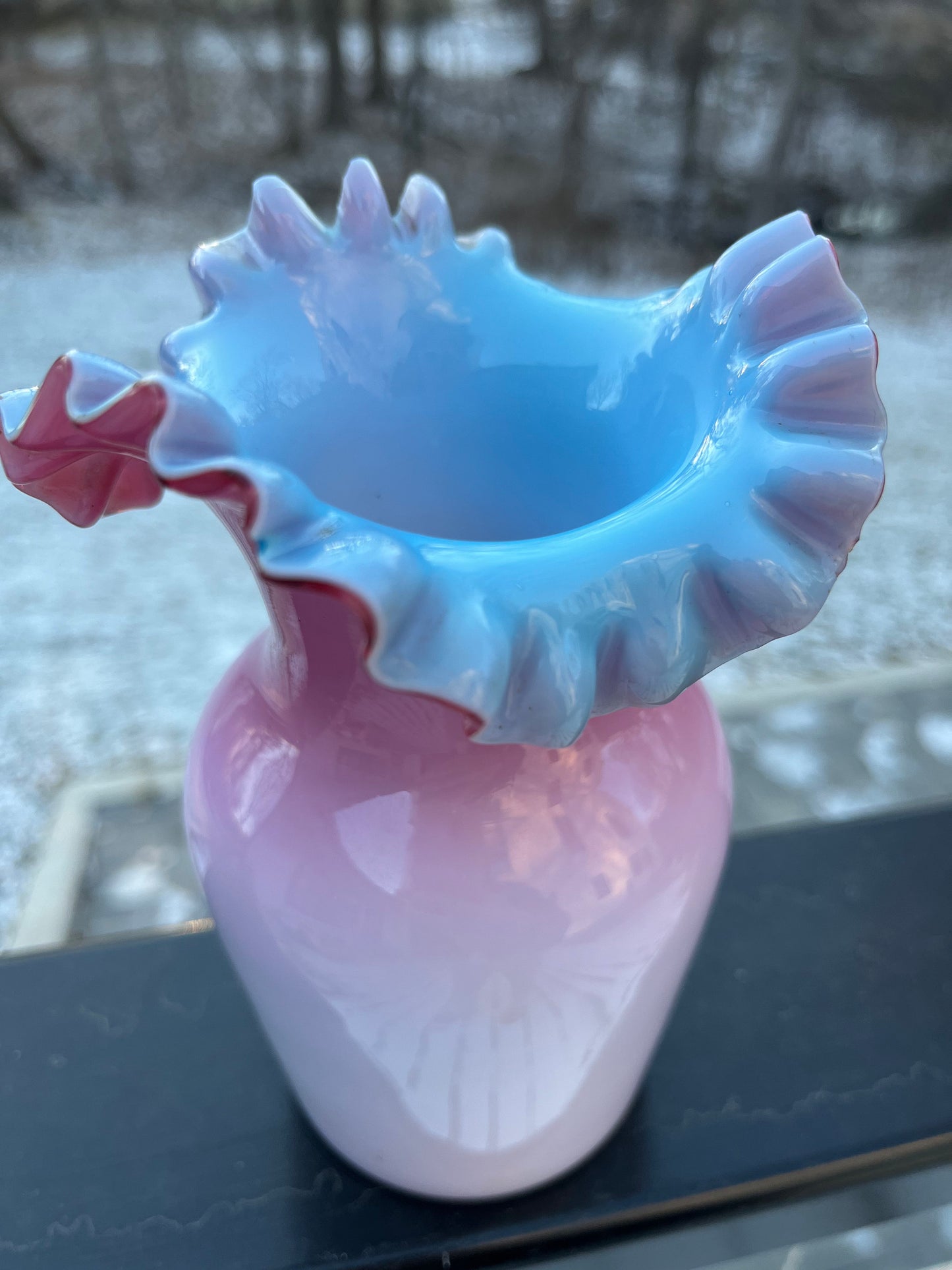 Vintage Fenton Glass Co cased glass   ruffled mouth bud vase