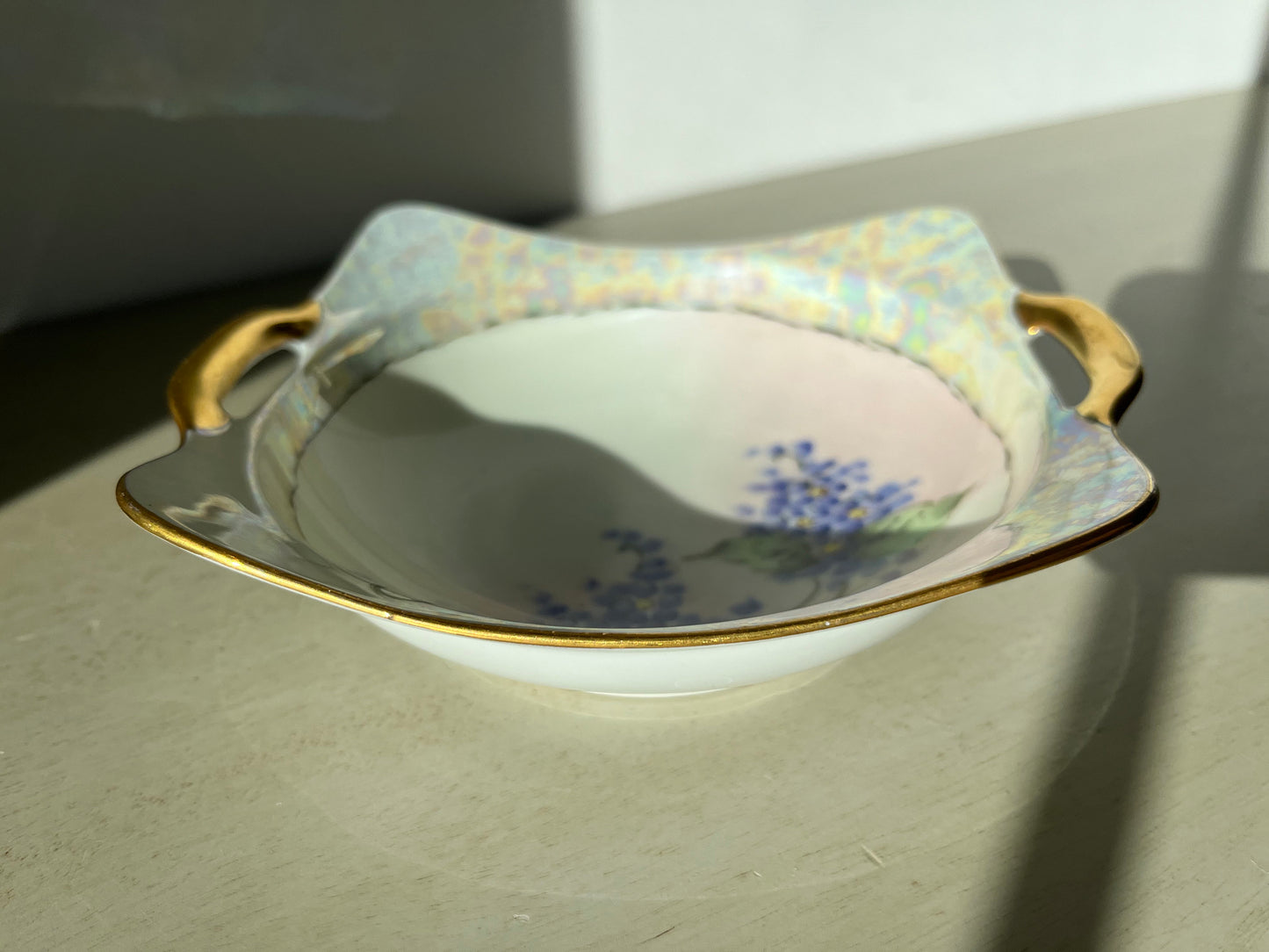 Antique porcelain hand painted dish with gold painted handles