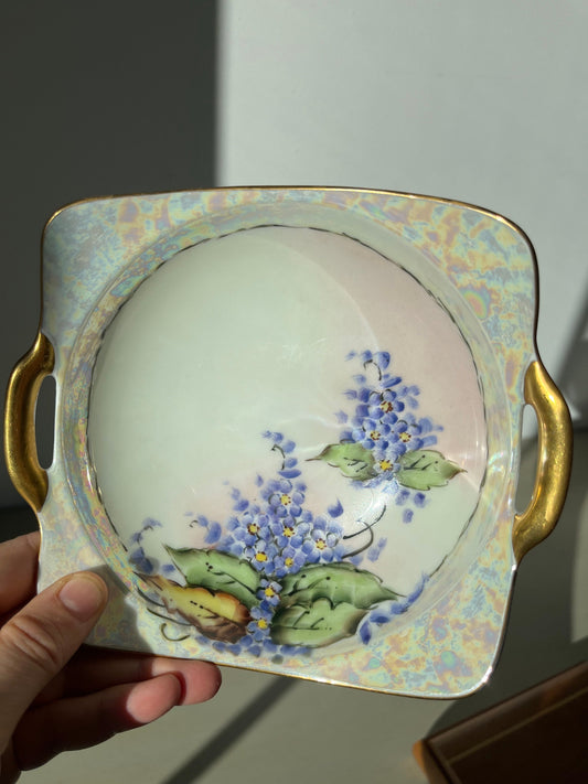 Antique porcelain hand painted dish with gold painted handles