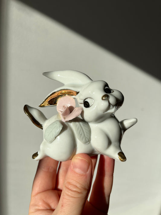 Vintage pair of white porcelain bunny rabbits, pink flowers & gold trim