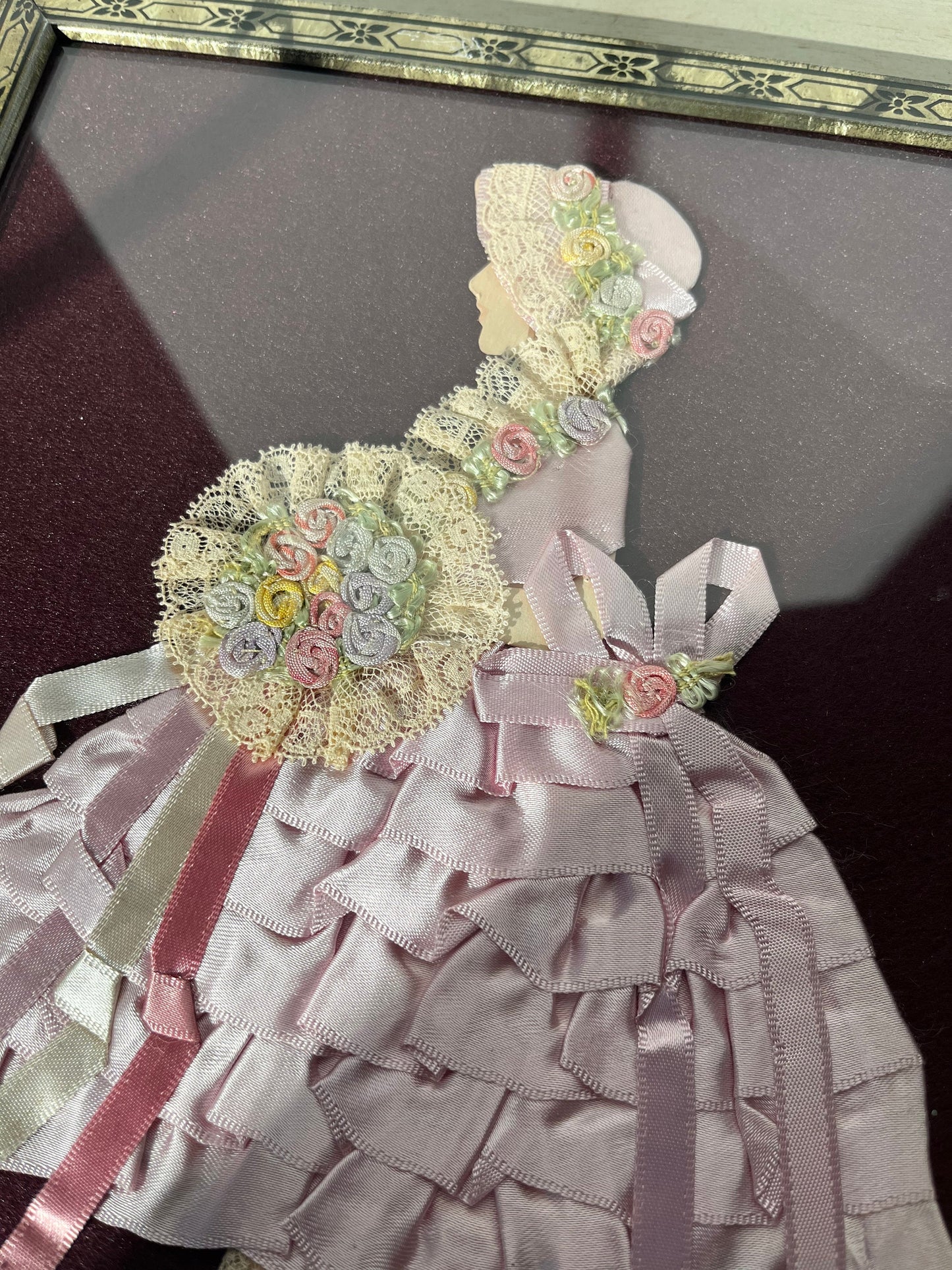 1930s framed wall hanging - paper, lace and ribbons