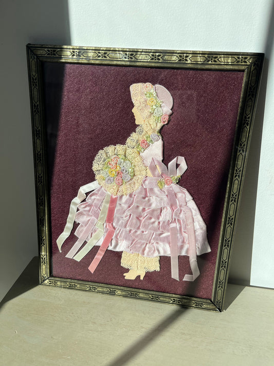 1930s framed wall hanging - paper, lace and ribbons