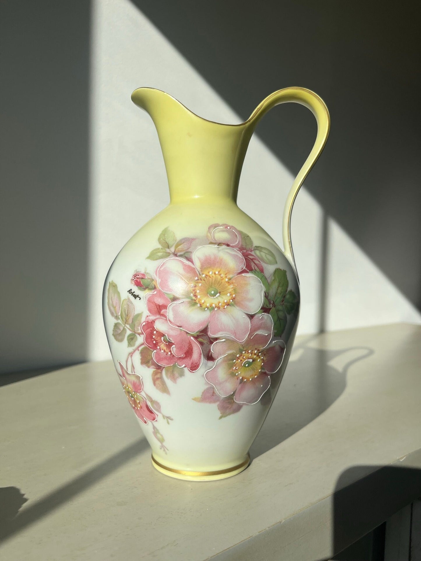 Vintage soft yellow cloissone rose vase / ewer