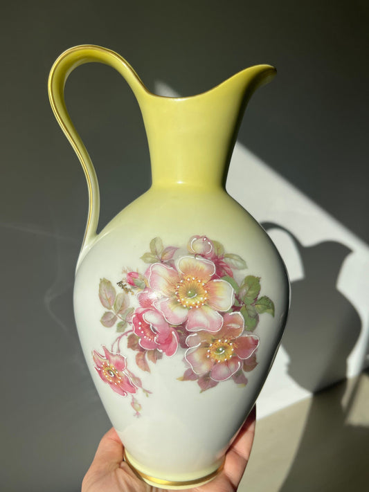 Vintage soft yellow cloissone rose vase / ewer