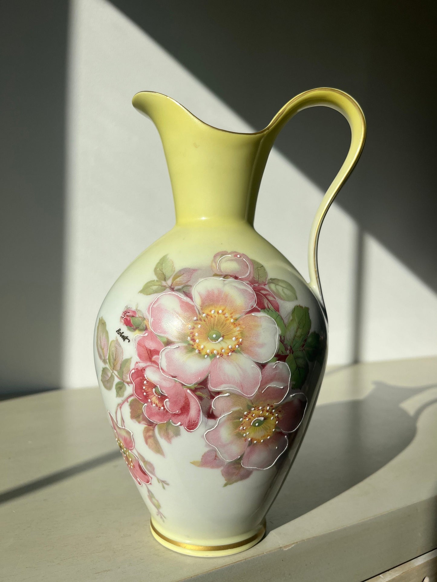 Vintage soft yellow cloissone rose vase / ewer